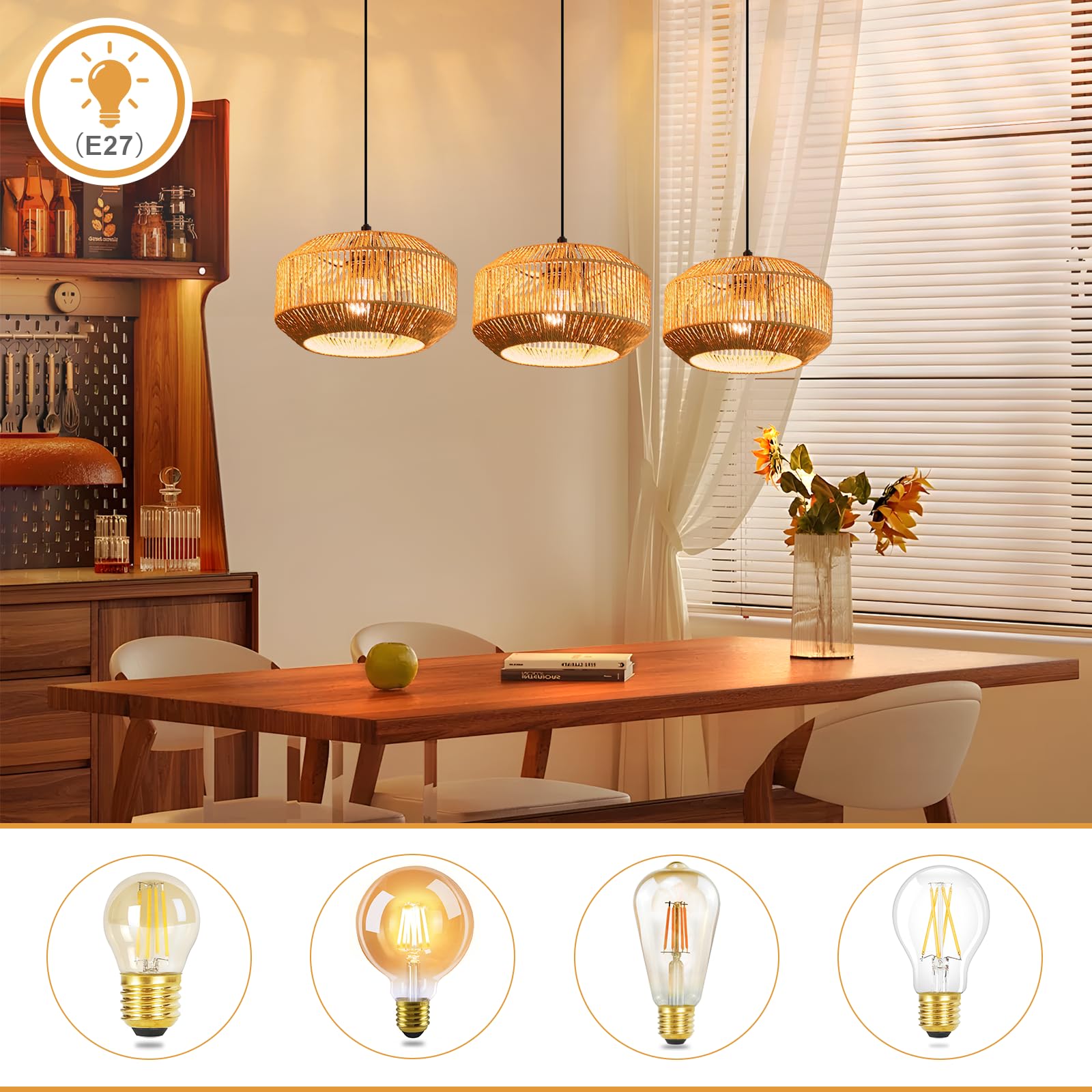 Pendelleuchte Boho Hängelampe Rattan Lampe Hängend Höhenverstellbar | Hängeleuchte Esszimmer 3 flammig Esstischlampe Retro Design mit E27 Fassung für Schlafzimmer Wohnzimmer/Ohne Leuchtmittel
