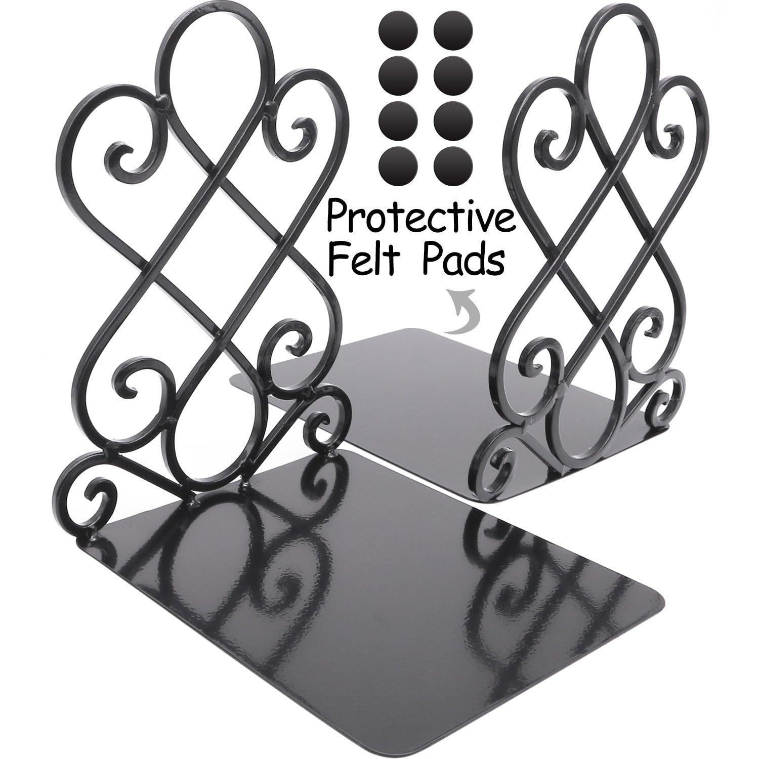 Anwenk Vintage-Buchstützen mit Filz-Pads, 1 kg, strapazierfähig, langer Boden, luxuriöser Kunstbuchständer, Retro-Stil, antike Optik, rutschfeste Filz-Pads zum Schutz des Bücherregals, Schwarz, 2 Paar