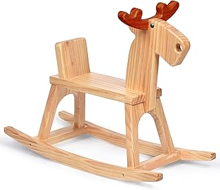 Kid Wooden Rocking Horse, Baby Ride On Toy Rocker for Toddler, Rocking Reindeer w/backrest Ideal Birthday Christmas/Birthday Gift for Boys & Girls (Natural)