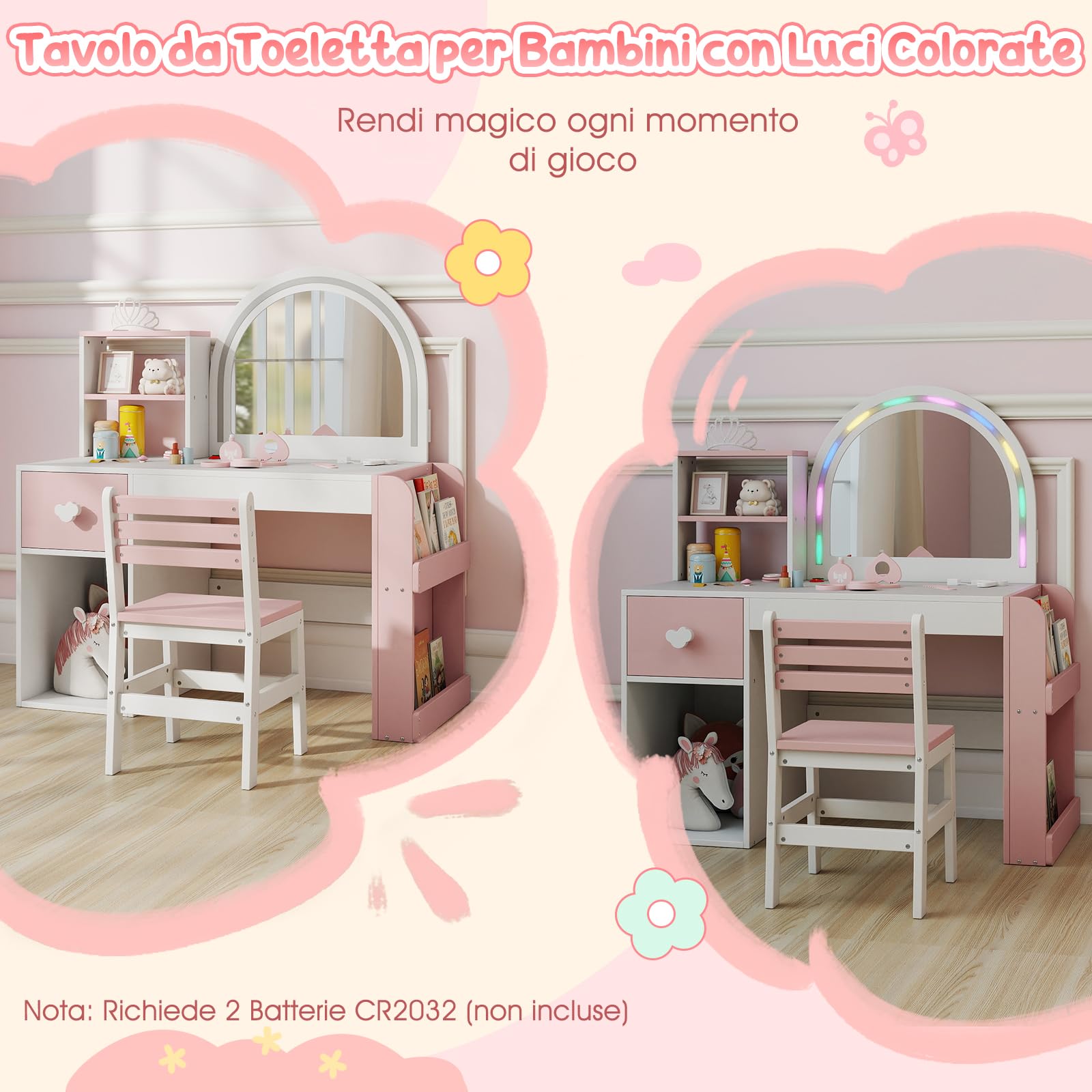 COSTWAY Toeletta Trucco per Bambina con Specchio a Luci LED, Specchiera Bambina con Sedia e 3 Giocattoli, Postazione Trucco in Legno con Ripiani Aperti e Cassetto, per Ragazza 3+ Anni (Bianco+Rosa)