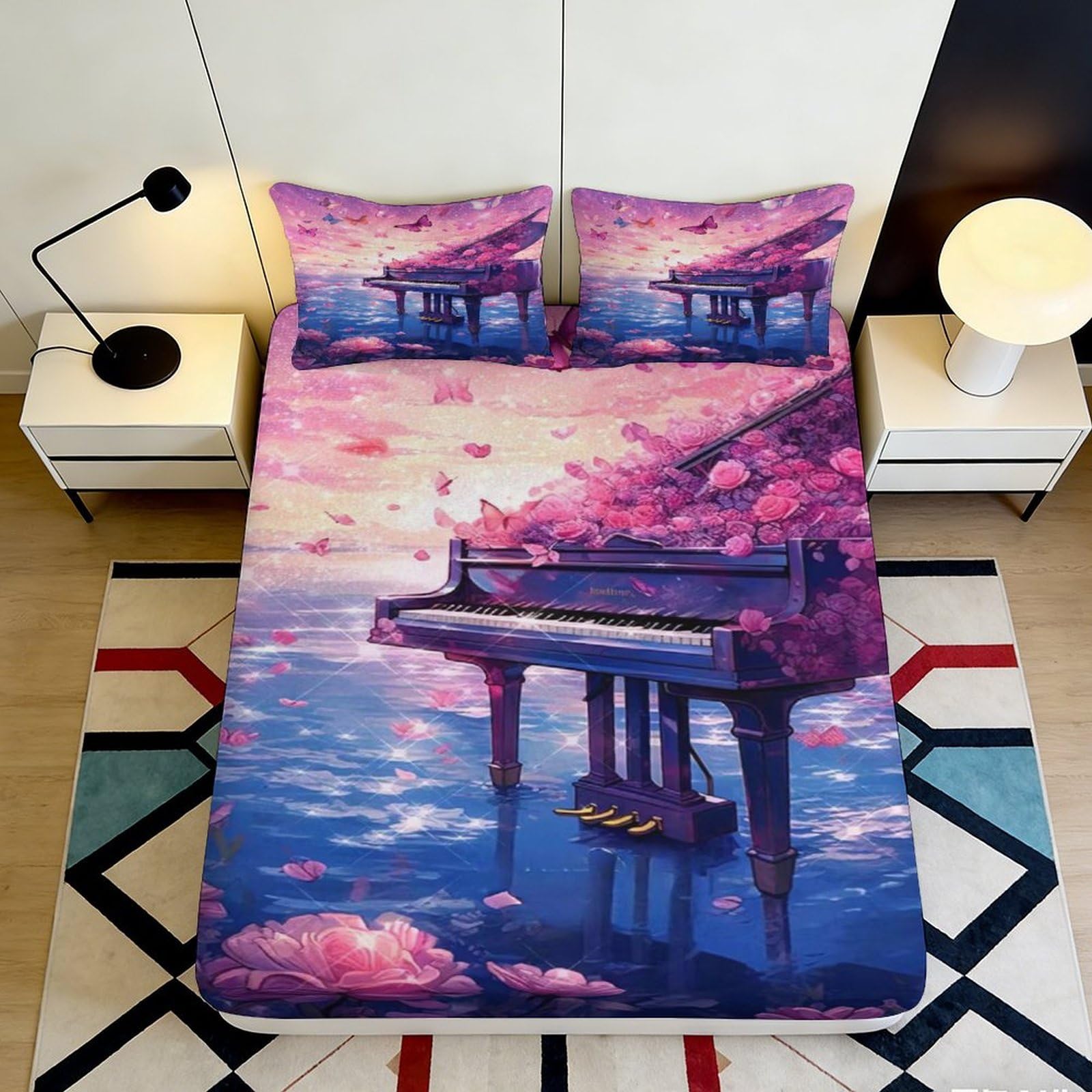 Jqzkxnhpbr Style-1 3D Printed Cherry Blossom Piano Fitted Sheet Microfiber Soft Anti-Slip Bed Cover For Bedroom Guest Room Decor 90X200x25cm