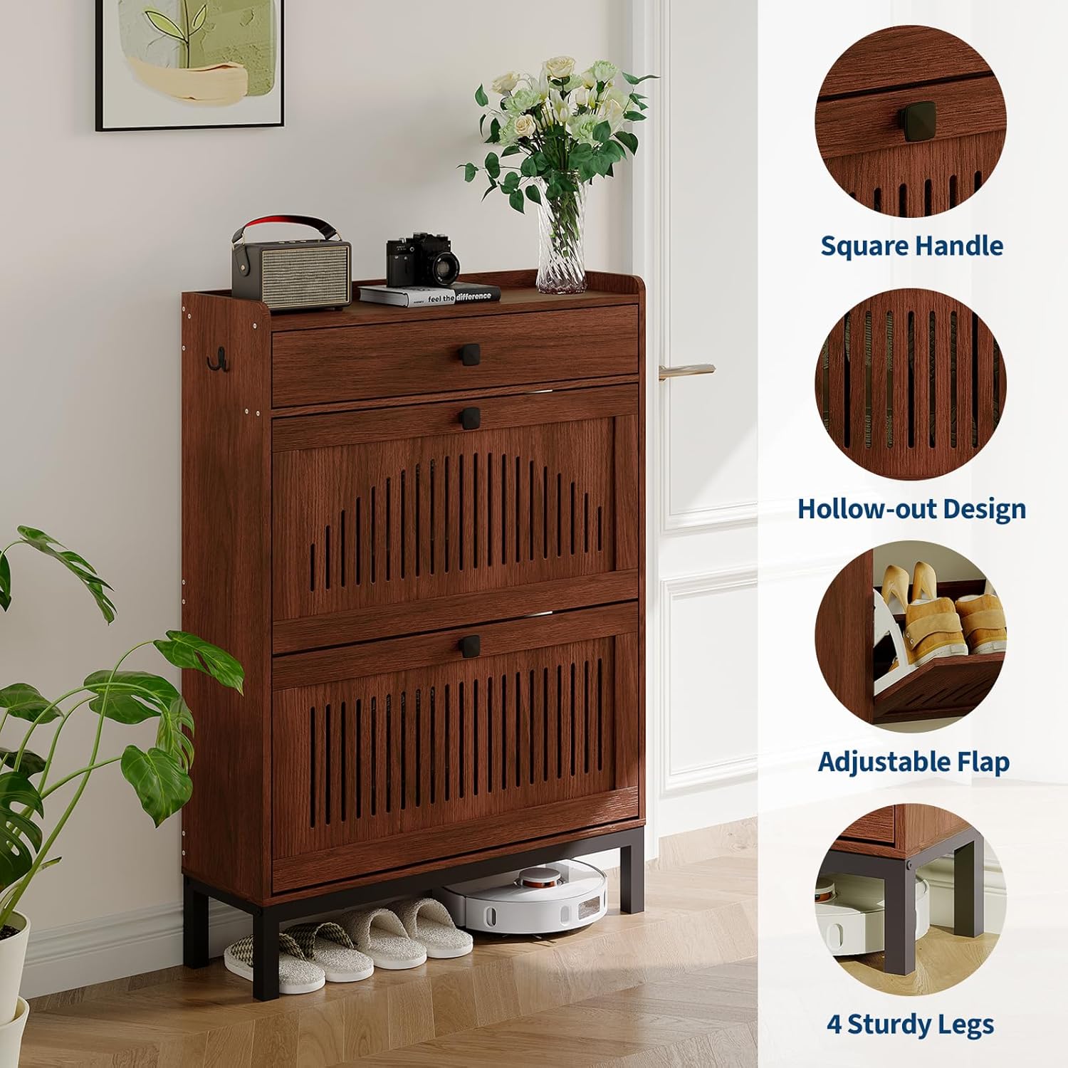 Garvee 2 Flip Drawer Shoe Cabinet with Adjustable Shelves, Hidden Shoe Organizer with Top Drawer, Freestanding Wooden Shoe Rack for Entryway, Hallway, Living Room, Walnut