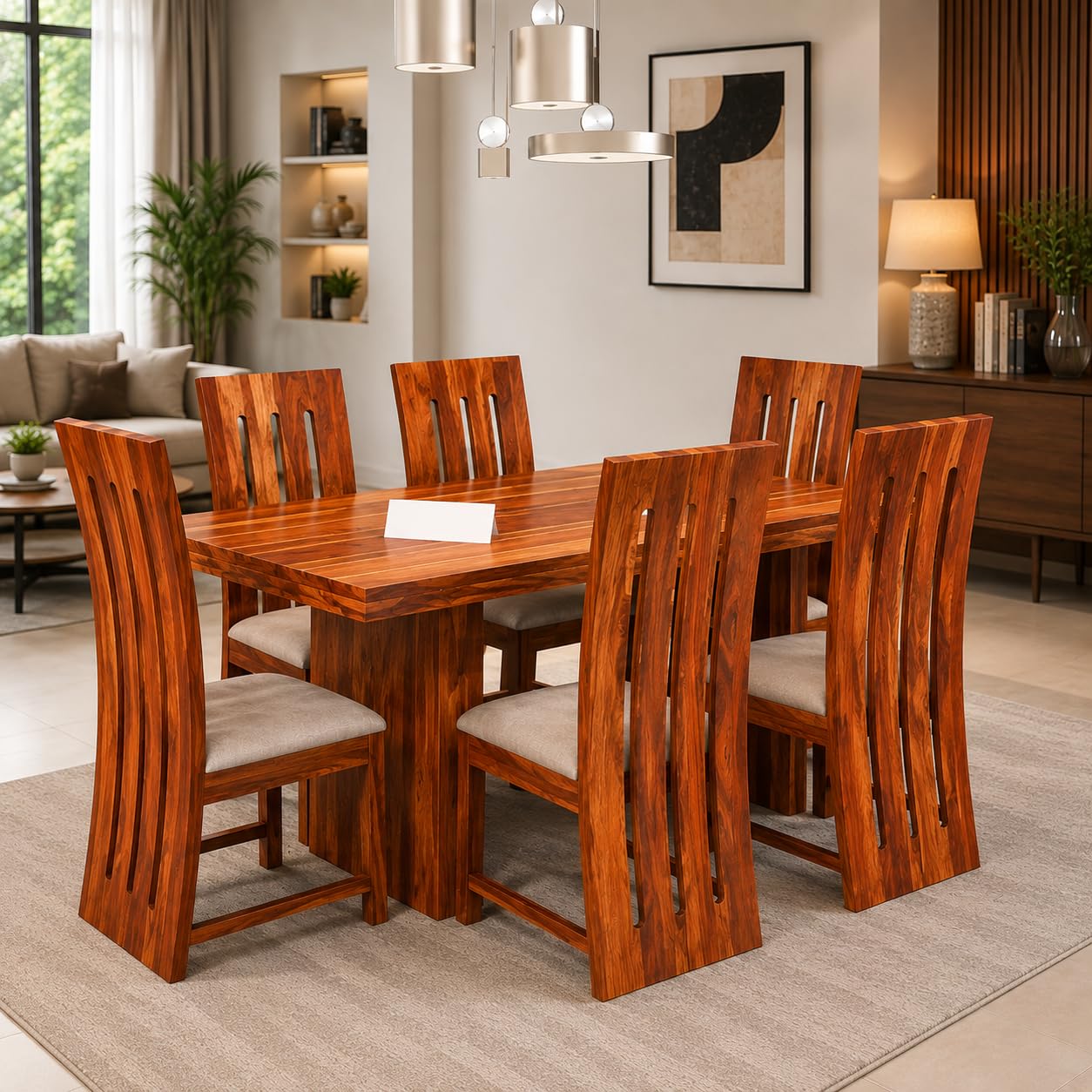 KendalWood™ Furniture Sheesham Wood Dining Table with 6 Chairs with 1 Table | 1 Year Warranty | 6 Seater Dining Set- Dining Room Furniture (Finish Color:-Teak Finish with Cream Cushion)