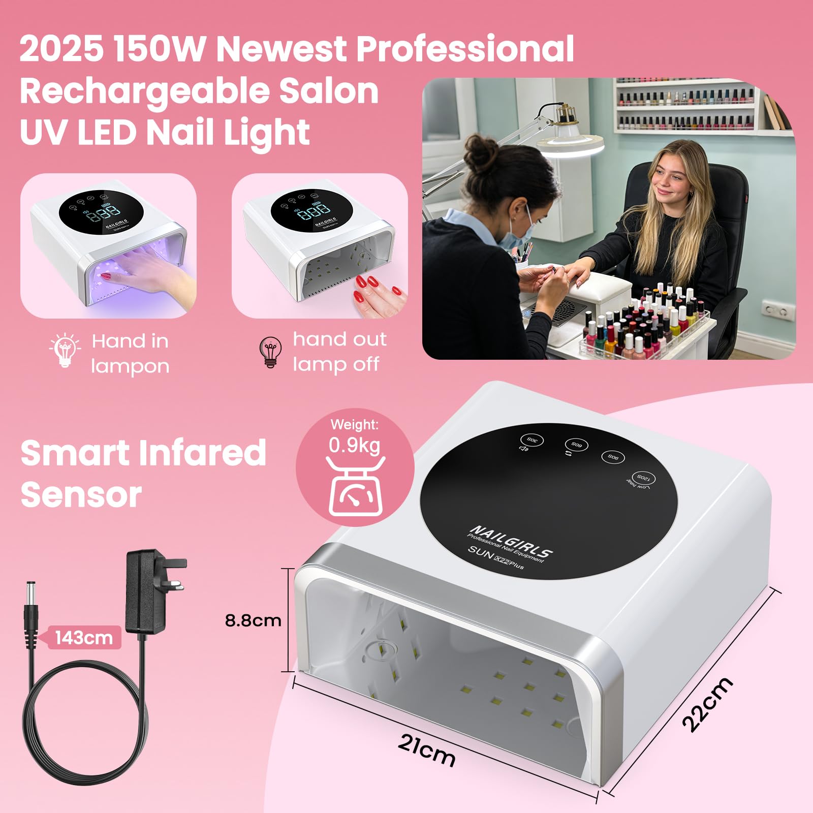 NAILGIRLS 150W Lampe à Ongles UV LED Sans Fil-Machine à Ongles Professionnelle de Salon à Durcissement Rapide avec 36 perles, Rechargeable pour L'utilisation à la Maison et au Salon