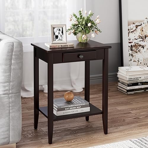 Miniatura 16 de IDEALHOUSE Mesa auxiliar blanca, mesa auxiliar pequeña para sala de estar, dormitorio, mesita de noche de madera con estante de almacenamiento de 2