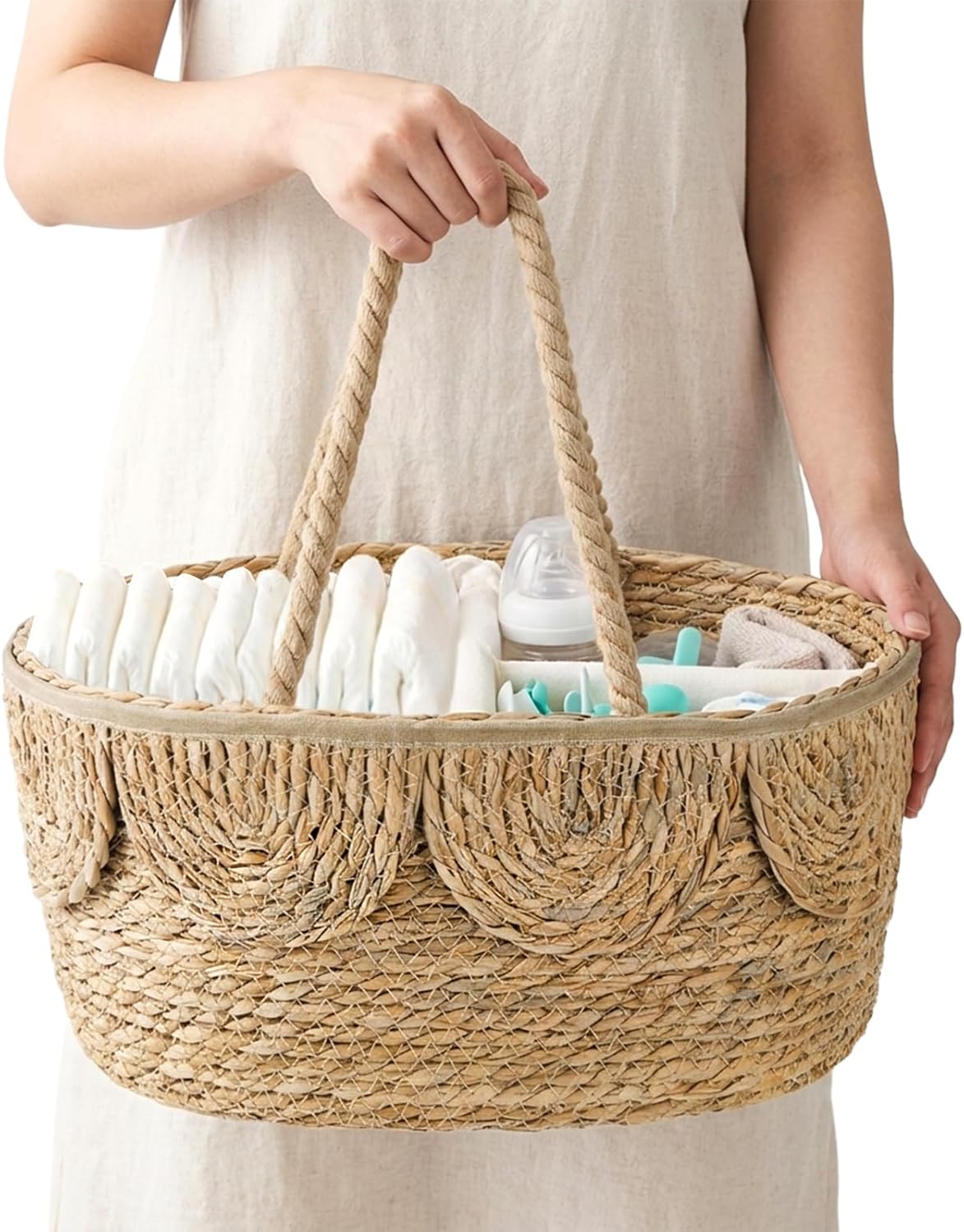 Lawei Little Diaper Caddy Organizer, Handwoven Natural Rush Grass Nursery Baby Basket with Removable Cotton Divider, Portable Rattan Diaper Storage Basket Bin for Changing Table, Baby Shower Gifts