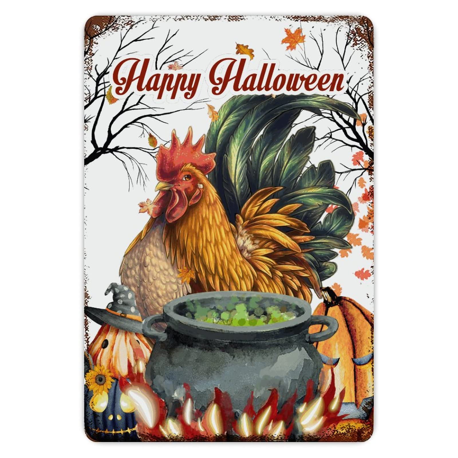 ENEDNATE Trick Or Treat Halloween Rooster Pumpkin Vintage Man Cave Metal Sign 8x12 Inch Decorative Aluminum Tin Sign for Indoor Outdoor Kitchen Bar Restaurant Cafe Pub Wall Art Decor Hanging Poster