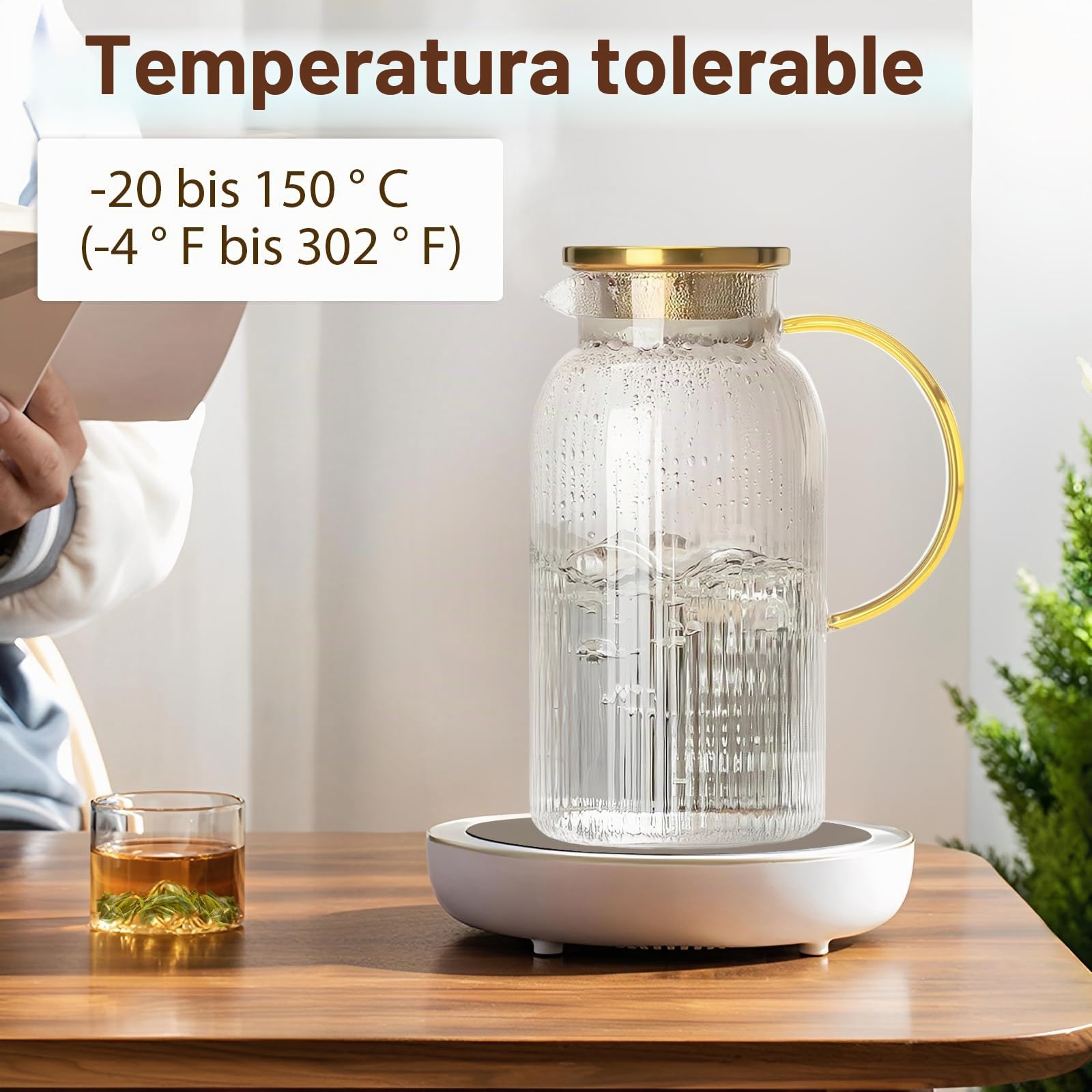 2 jarras de agua de 2 litros de cristal, jarra de cristal y tapa de acero inoxidable, hervidor de agua grueso de vidrio de borosilicato, resistente al calor, ideal para café frío, hielo, té solar