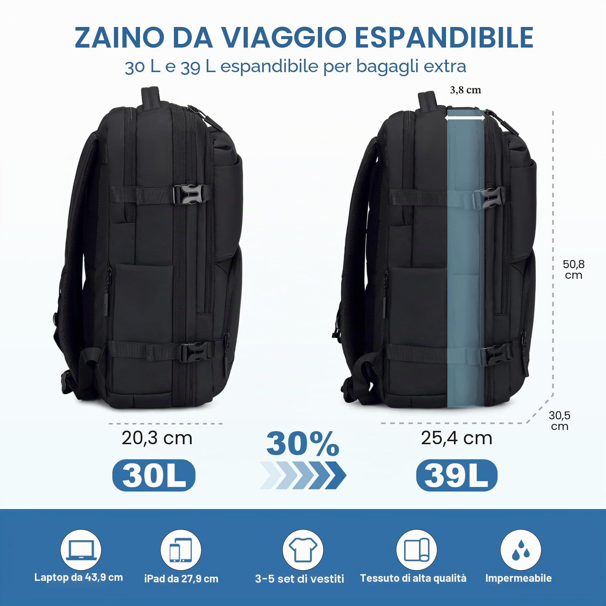 BAGOK Zaino Viaggio Pieghevole Impermeabile, Zaino Uomo di Grande Capacità per Lavoro, Università, Sport, Viaggio, Zaino da Cabina con Tasca Antifurto e Scomparto per Portatile