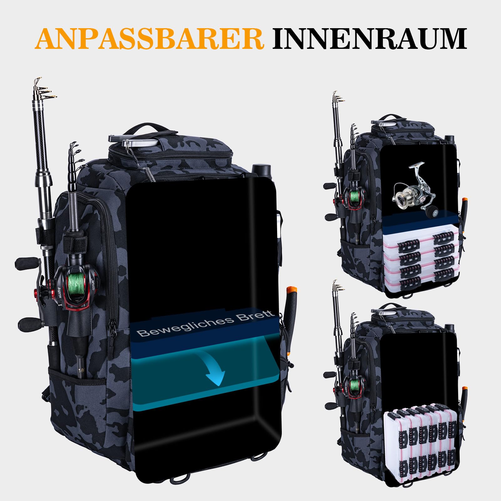 Goture Angelrucksack mit Kühltasche, 40-Liter Angelzubehör-Rucksack mit Zwei Rutenhaltern, 900D Oxford-Gewebe Wasserabweisende Angelgerätetasche mit verstellbarem Fach