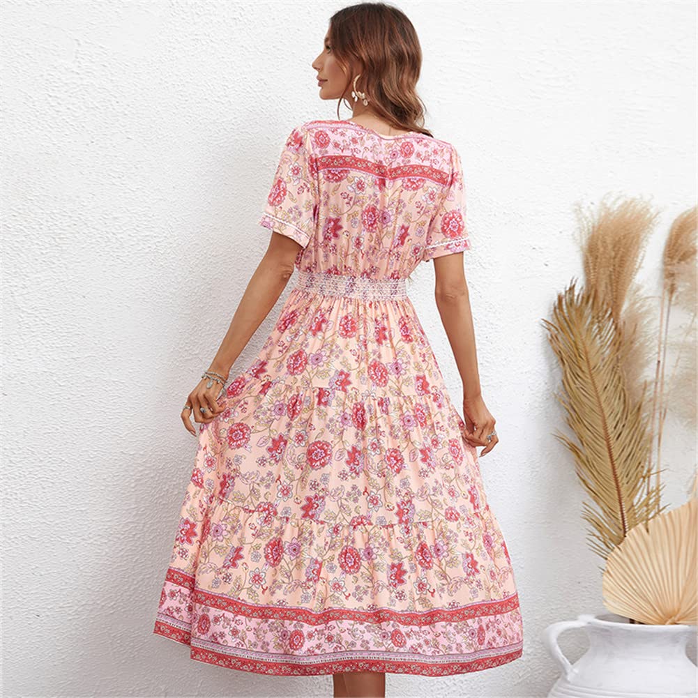 Vsadsau Vestido bohemio para mujer, estampado floral, vestido de playa para mujer, casual, manga larga, cuello en V, vestido midi acampanado