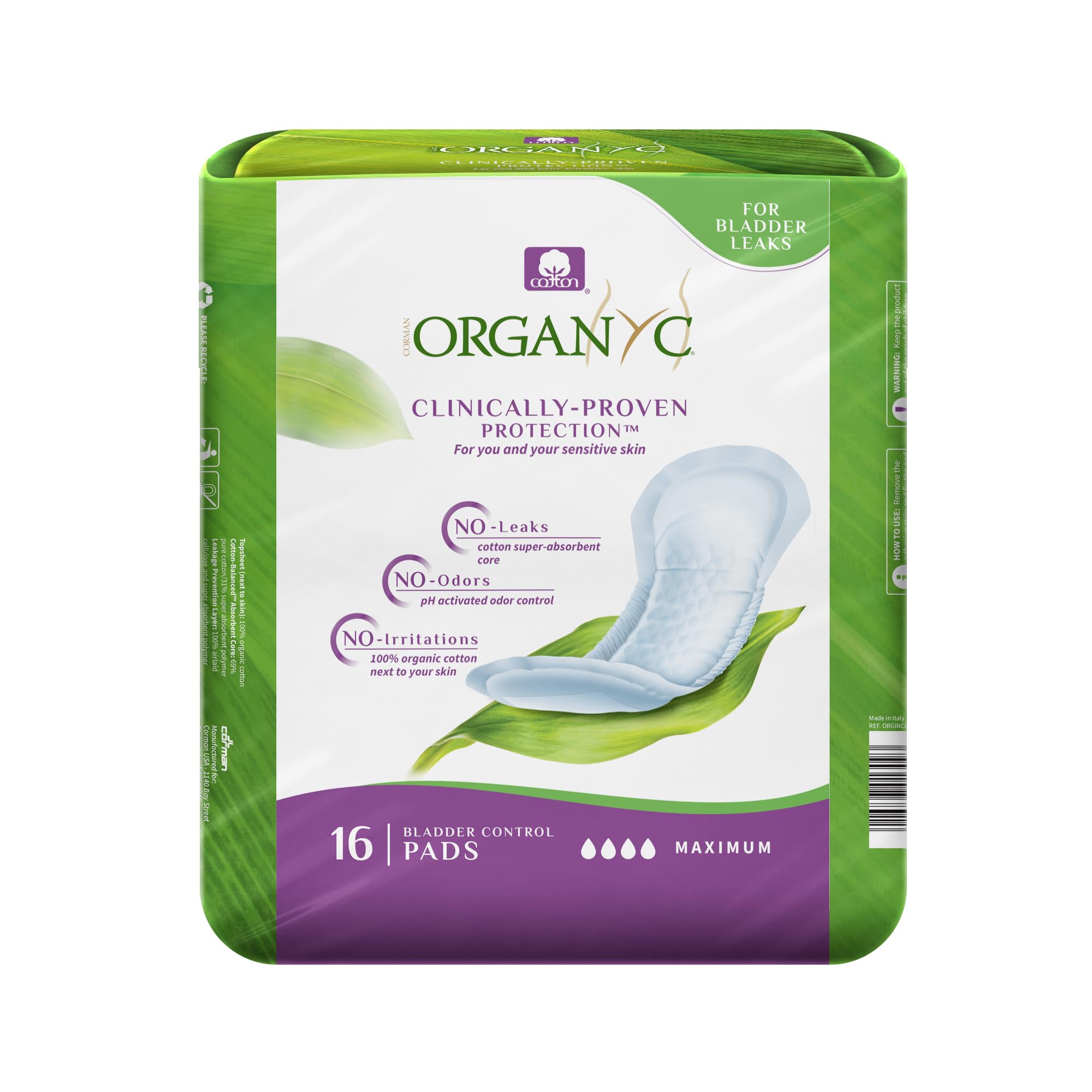Organyc Certified Organic Cotton Pads for Incontinence, Certified Odor Control, Free from Perfumes, Dyes, Plastics, and Chemicals, Maximum, 64 Count