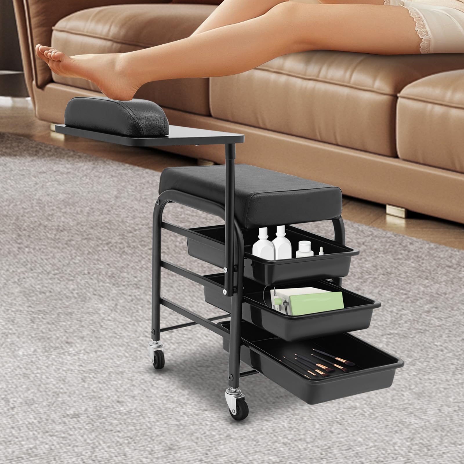 Manicure Table - Carrello per manicure con 3 cassetti e ripiano a mano a 360°, portata 75 kg, per manicure e manicure, colore: Nero
