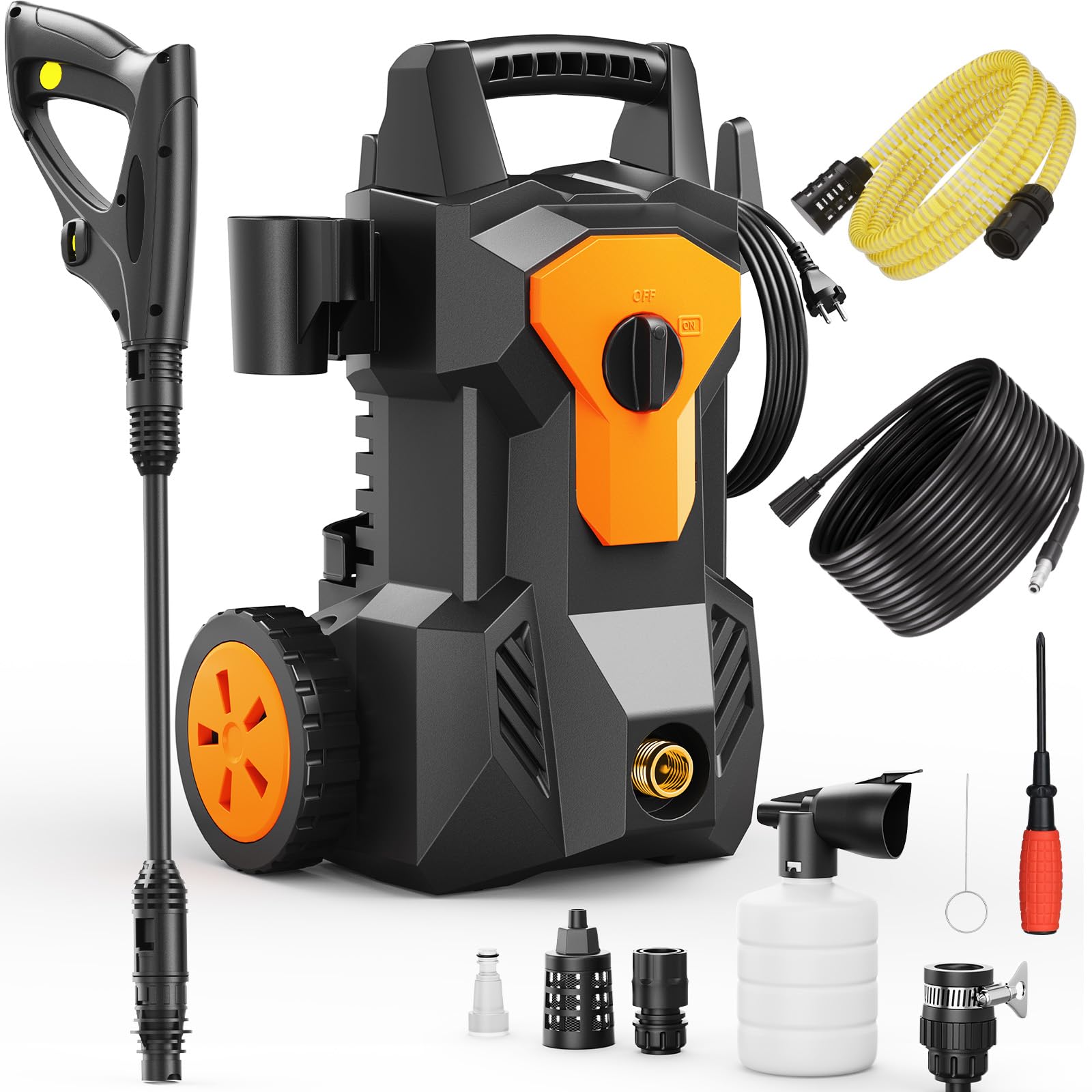 Hidrolimpiadora de Alta Presion, 1600W 140Bar Presión de Trabajo, Caudal 420L/H, con Boquilla Ajustable Pistola y Manguera de 8M Cable de 2M, con Boquilla de Espuma, para Coches, Vallas, Patios, Hogar