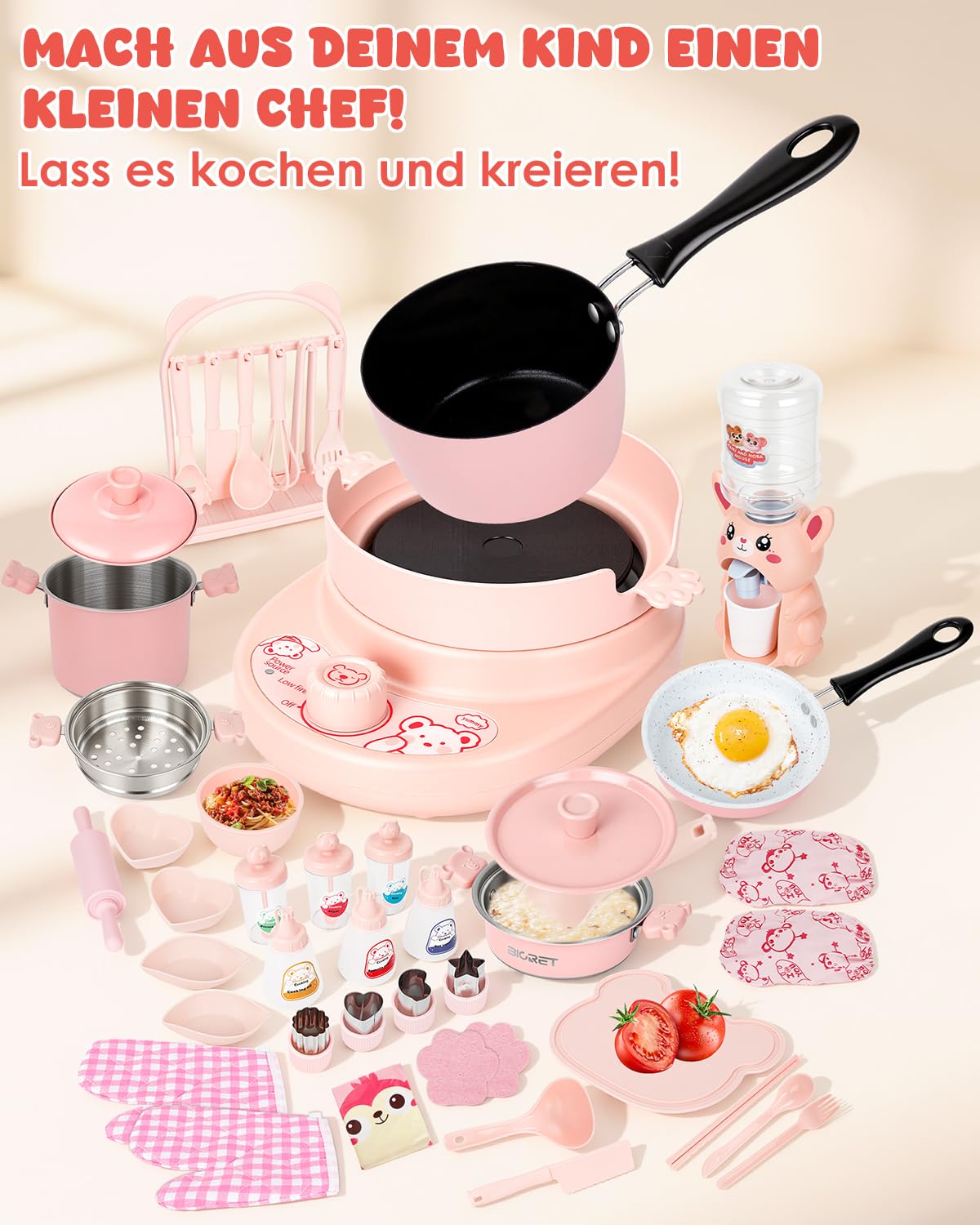 Juego de cocina para niños, 42 piezas, accesorio completo para la cocina de los niños, con juego completo de ollas para 8-12 años, para cocinar y preparar (rosa claro)