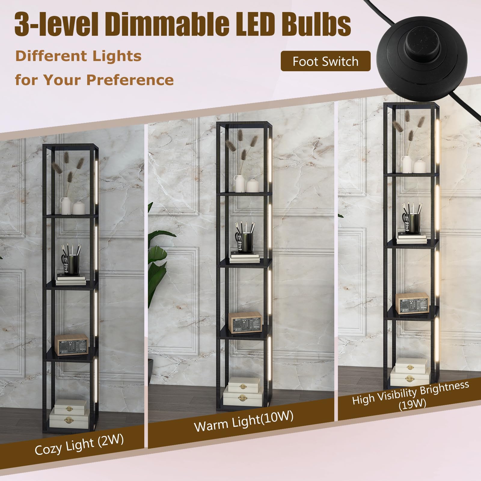 HOMASIS Lampada da Terra a 4 Ripiani in Legno, Piantana Led con 3 Livelli di Luminosità Regolabili, Angoliera Soggiorno con Palo Luminoso Rotabile a 360° per Salotto, 29 x 29 x 163 cm (Nero)