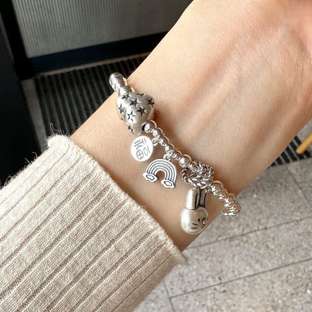 LYGXWJFC Sterling Silber Armband, Vintage Sterling 925 Silber Armband für Frauen Hase Regenbogen Anhänger Silber Armband Armreif mit elastischer Silberkette Glücksschmuck für Frauen