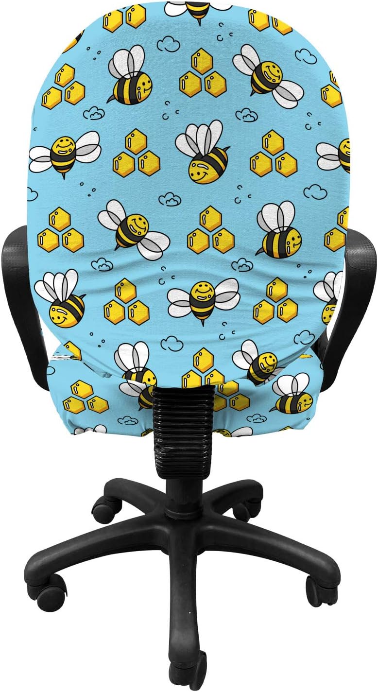 Ambesonne Honey Bee Office Chair Slipcover, Cartoon Style Demonstration of Happy Bugs, Protective Stretch Decorative Fabric Cover, Sky Blue Mustard