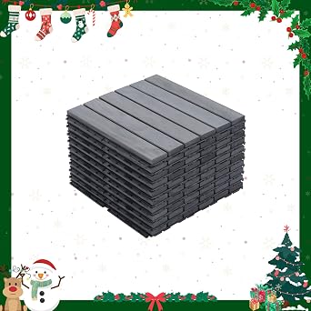10PCS Interlocking Deck Tiles Outdoor All Weather Waterproof, 12"x12" Indoor Outdoor Flooring for Balcony, Patio Floor Tiles Acacia Wood Decking Boards for Bathroom Gray Striped