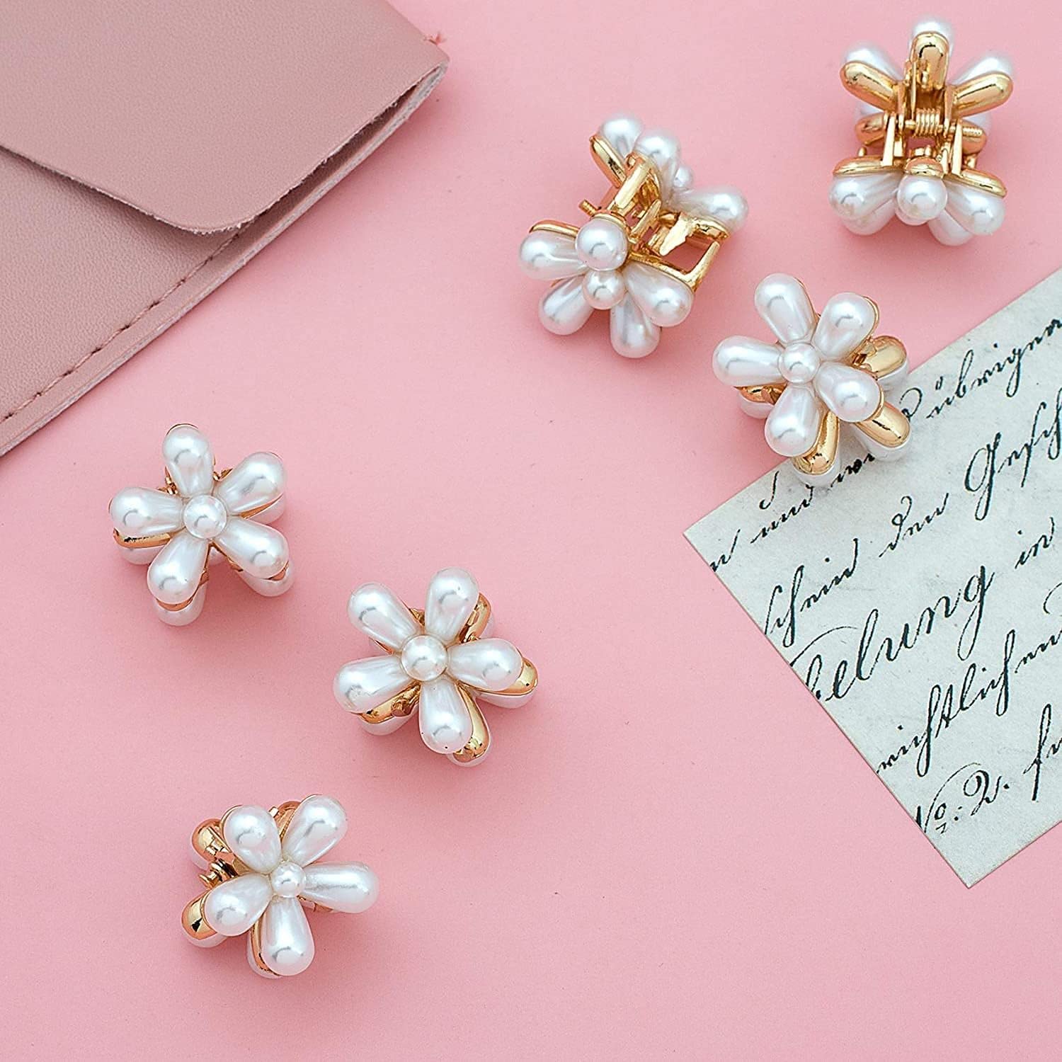 GIRLISH Korean Style Small Pearl Hair Claw Clips Mini Pearl Claw Clips with Flower Design, Sweet Artificial Bangs Clips Decorative Hair Accessories for Women Girls