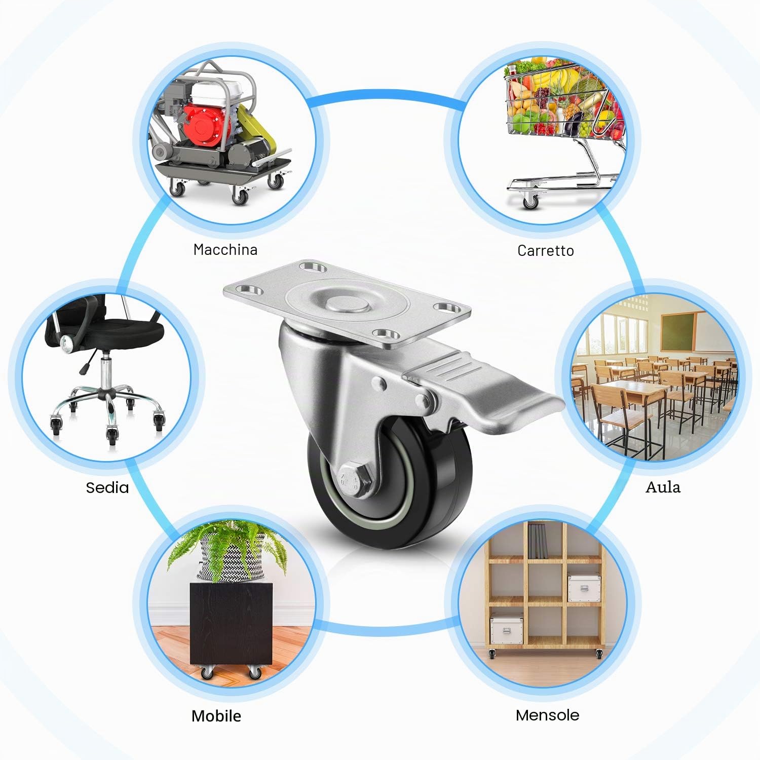 COOCHEER Set di 4 Ruote con freno,75 mm Ruote per mobili,Ruote girevoli, Nero(400KG)
