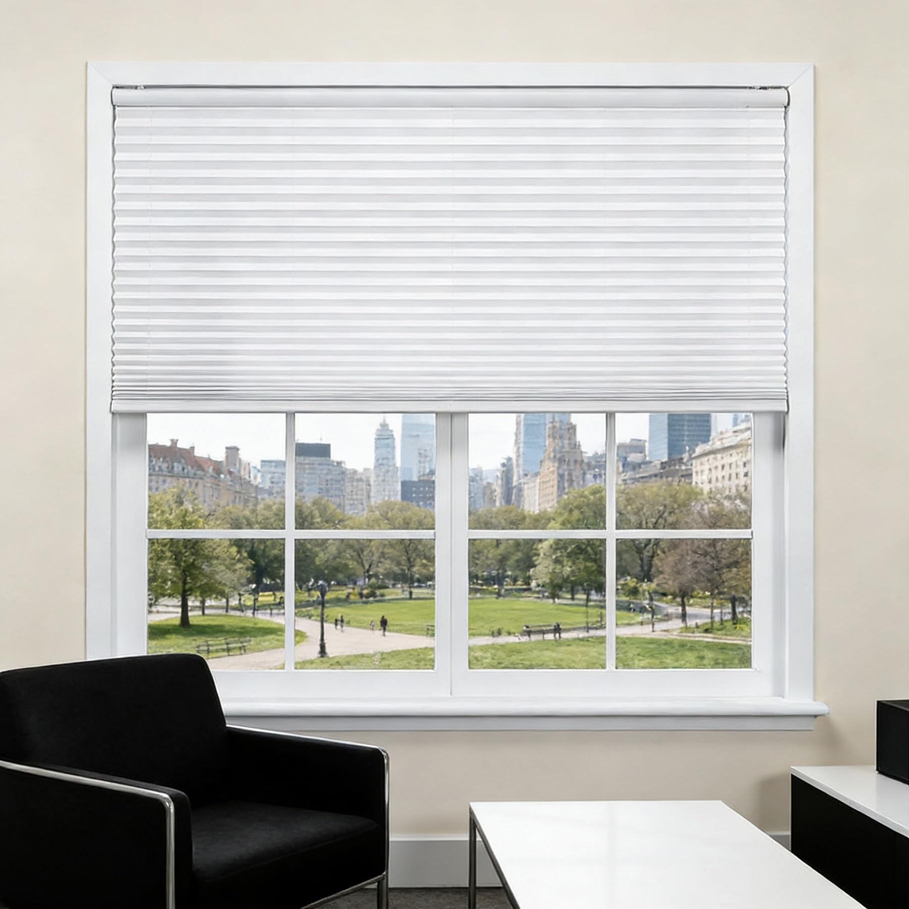 Store plissé blanc pour salon et cuisine, protection solaire réglable haut bas