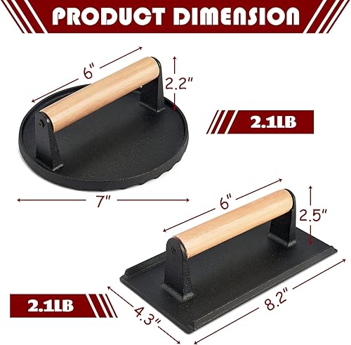 Miniatura 2 de HaSteeL Prensa de tocino de hierro fundido, prensa de hamburguesa para plancha Teppanyaki de parte superior plana, prensa redonda resistente de 7