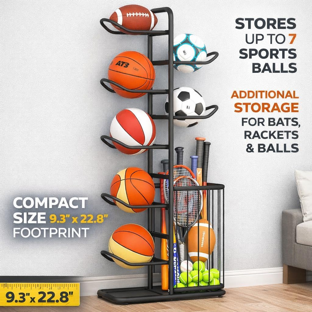 7-Ball Sports Equipment Storage Rack with Ball Holder, Ideal for Garage or Indoor Use - Organize Toys, Sports Gear and More, 57.5" (Black)