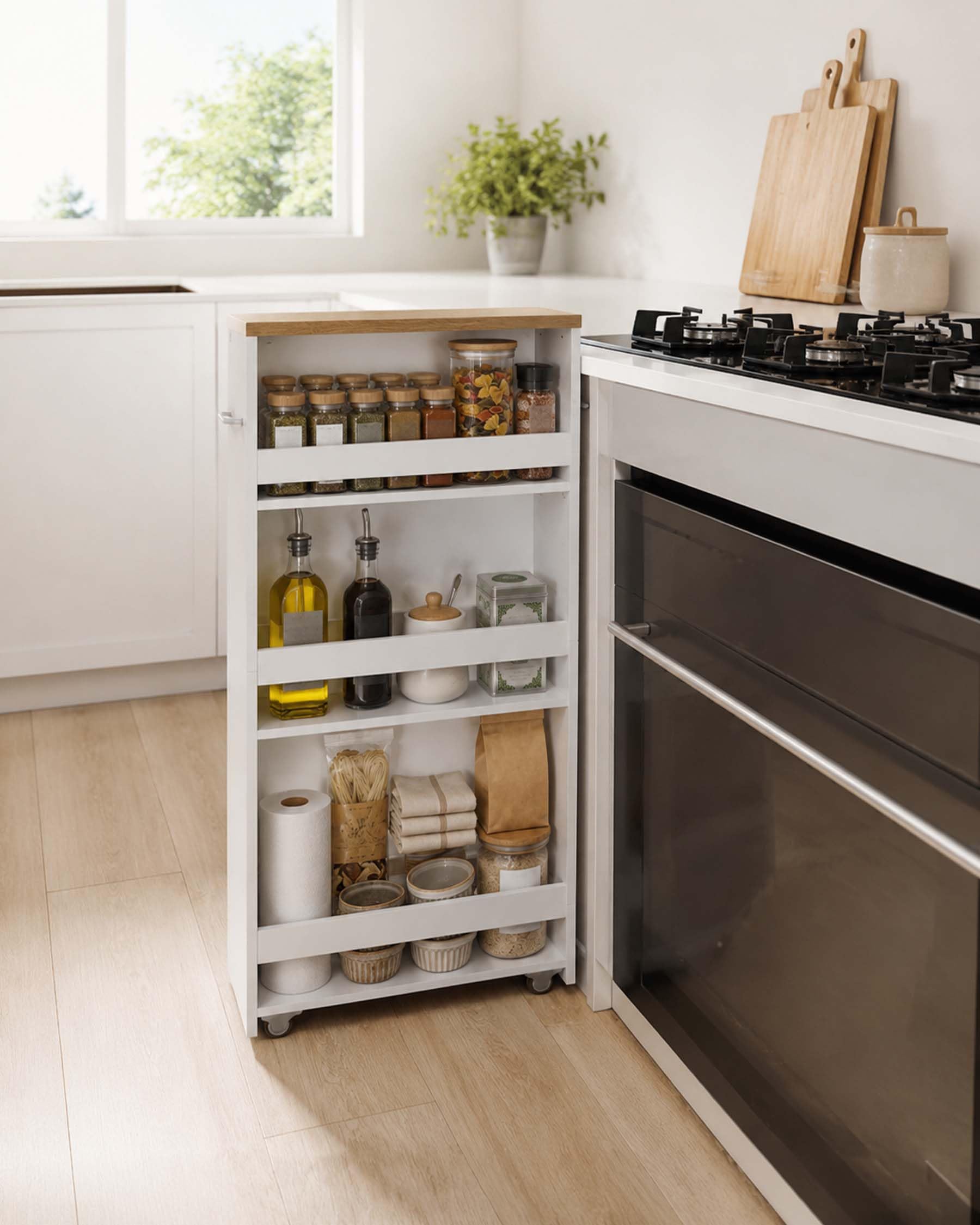 Chariot de Rangement étroit avec roulettes Blanc 40 x 14 x 80 cm pour Salle de Bain et Cuisine étagère Cuisine Salle de Bain Organisateur Meuble de Rangement 3 Niveaux Espace étroit