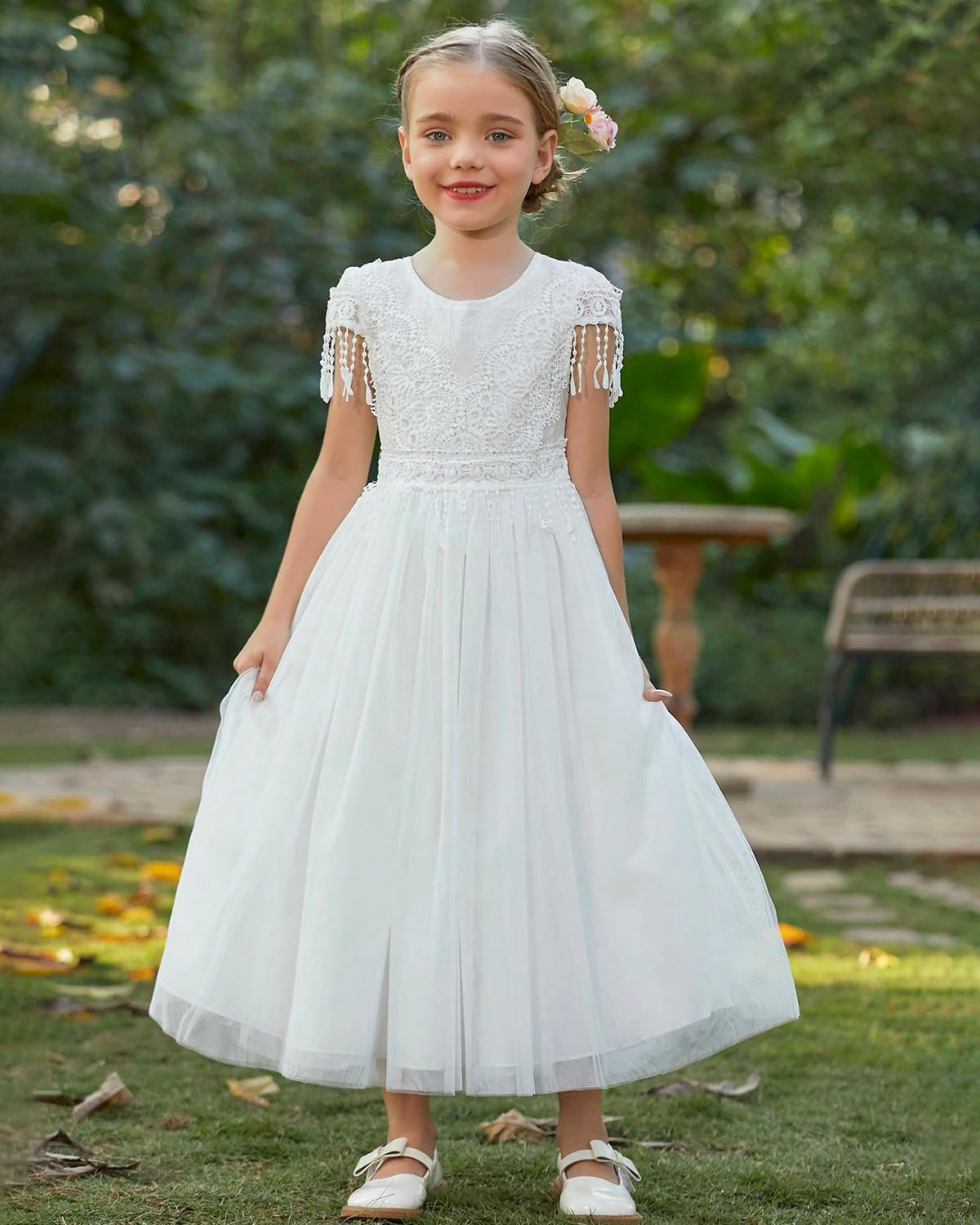 BIBIHOU Girls Kids Lace Backless Formal Wedding Full-Length Tulle Flower Girl Dress for Girl