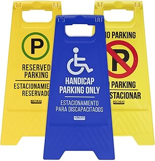 Restricted Parking Signs, 3-pack - No Parking, Reserved Parking, Handicap Parking Only + Bilingual Message in English + Spanish - Double-Sided, Fold-Out High-Visibility Sign for Public Lots + Spaces