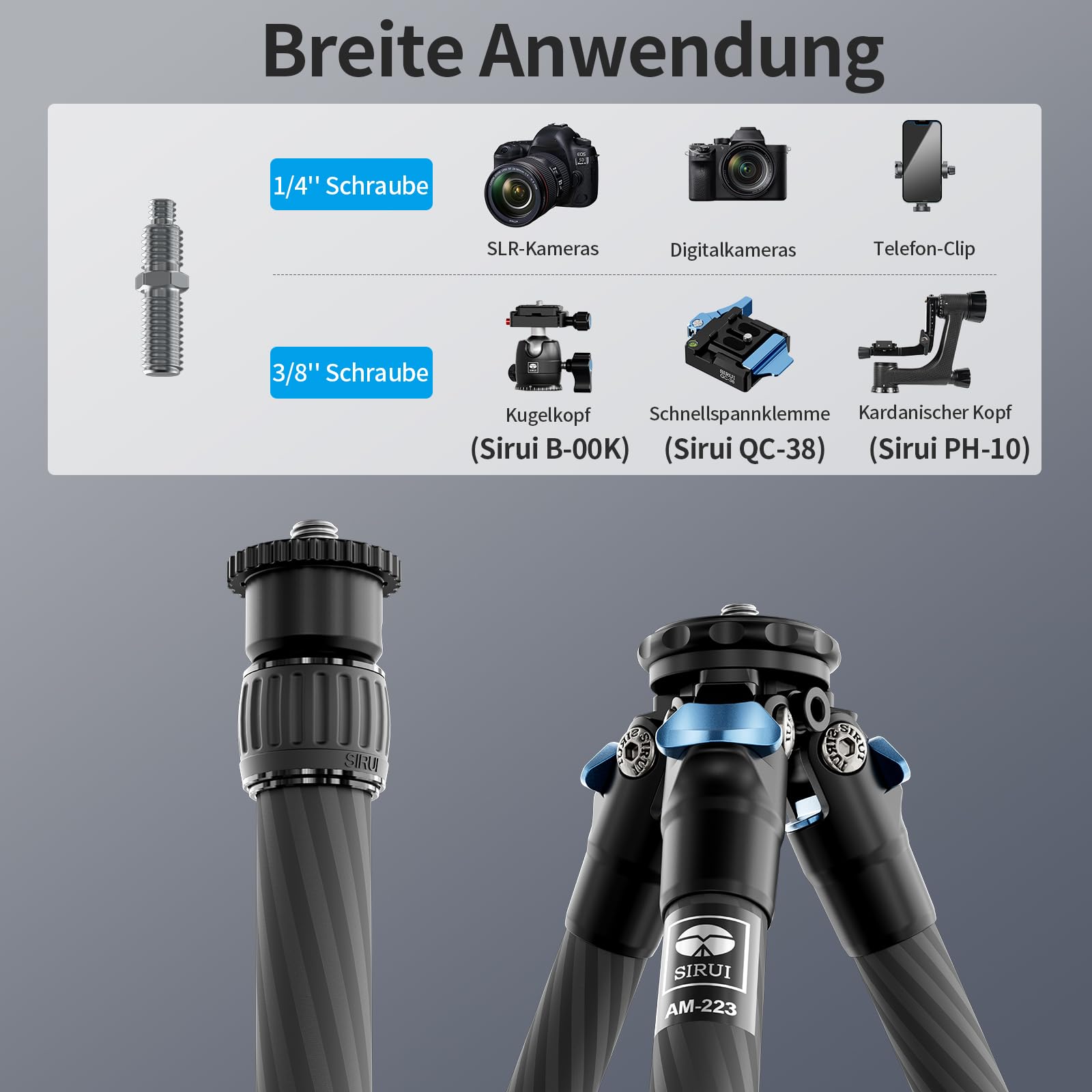 SIRUI AM-223+SL-100 Mini Carbon Tisch Stativ mit ausziehbarer Mittelsäule,Leicht Foto Ministativ Tischstativ für Kameras, Drehverschlüsse, Spikes, max. 660mm eingezogen 215mm, Tragkraft 12kg