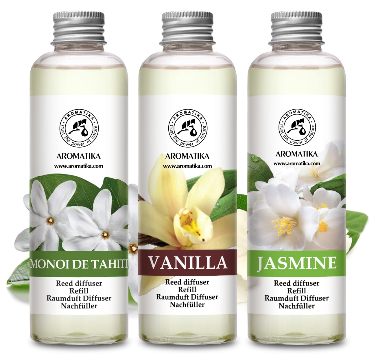 Raumduft Diffuser Nachfüller Monoi de Tahiti & Vanille & Jasmin 600ml - 3x200ml - Nachfüller Set für Duftdiffusor - Reed Diffuser Refill - Raumbeduftung - Zimmerduft - Diffuser Nachfüllen - Raumluft