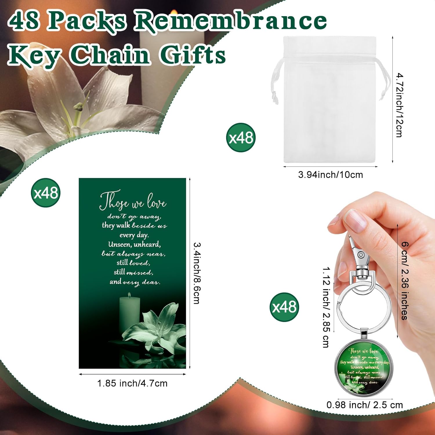 Junkin Funeral Favors for Guest Including Remember Keychain Prayer Cards Organza Bags for Memorial Celebration of Life (Dark Green,48 Sets)