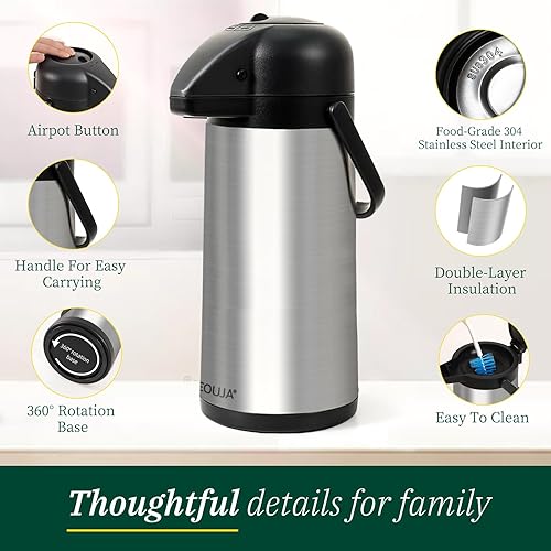 Miniatura 6 de Airpot - Jarra de café para mantener el calor, dispensador de café grande de 102 onzas3 litros con bomba, termo de acero inoxidable aislado para