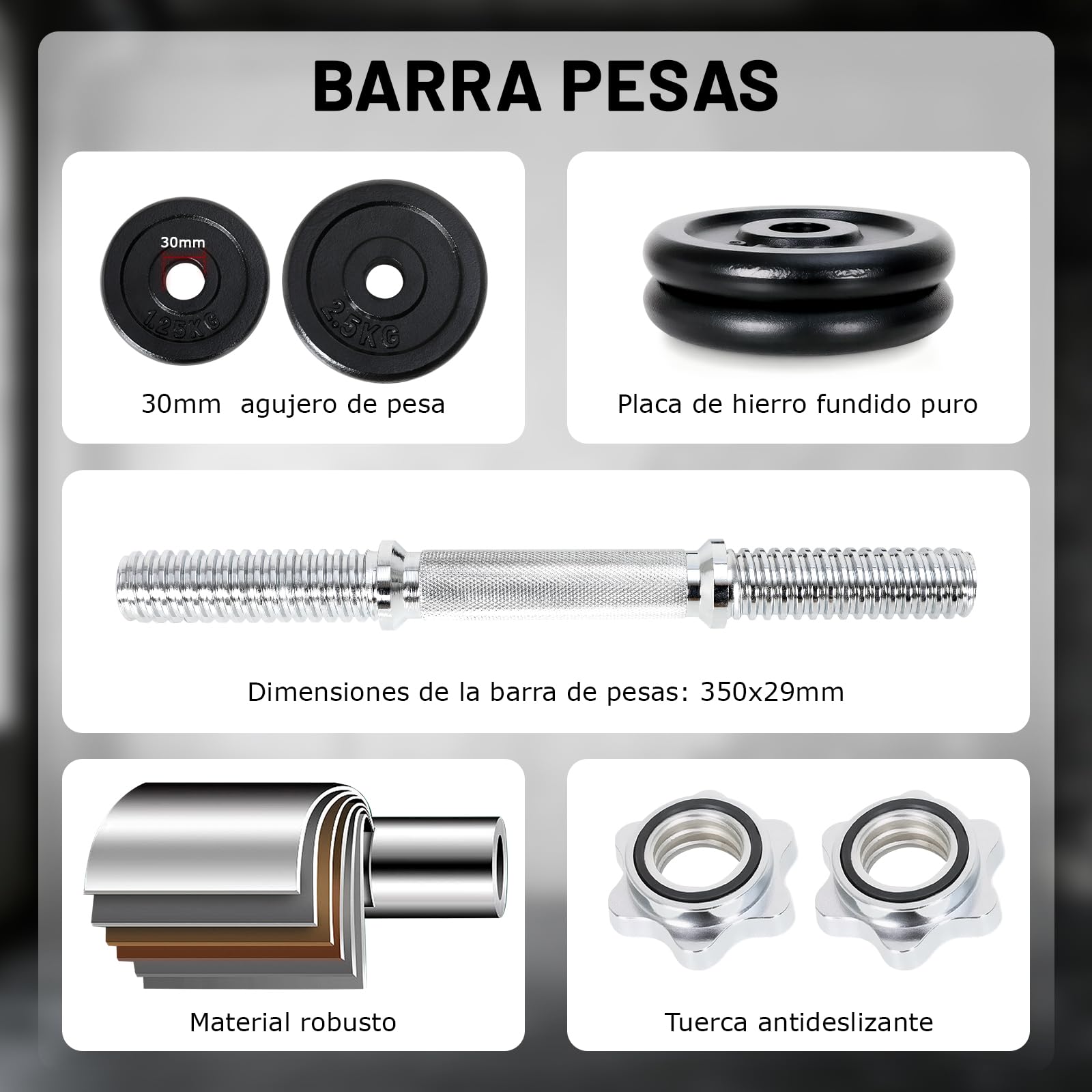 Mancuernas Ajustables 2-EN-1, Barra Pesas Ajustables 10kg 15kg 30kg, Juego de Mancuerna para gimnasio en casa, Dumbbell Set de hierro fundido, Barra De Pesas Kit Negro