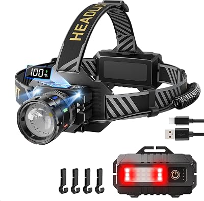 Headlamp Rechargeable, 80000LM Super Bright 9 Modes LED Headlight Red Warning and Sensor, IP65 Waterproof 90°Adjustable Focus Headlight for Running, Camping, Hiking, Fishing(9 Modes)