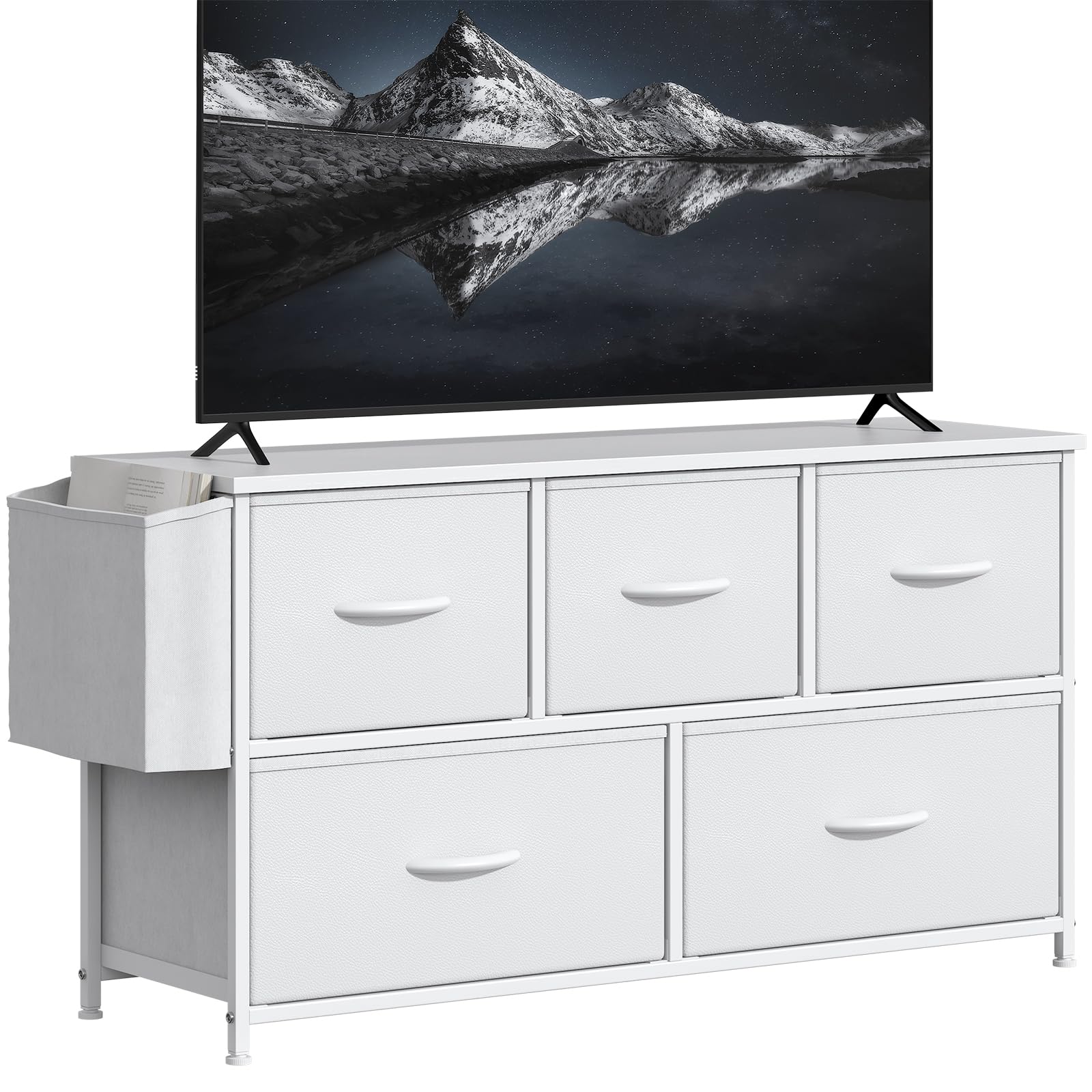 GoaHi 5 Drawer Chest of Drawers, Low Storage Unit with Side Pocket, Metal Frame & MDF Top, Fabric Drawer Dresser for Bedroom, Living Room or Hallway,White — image 1