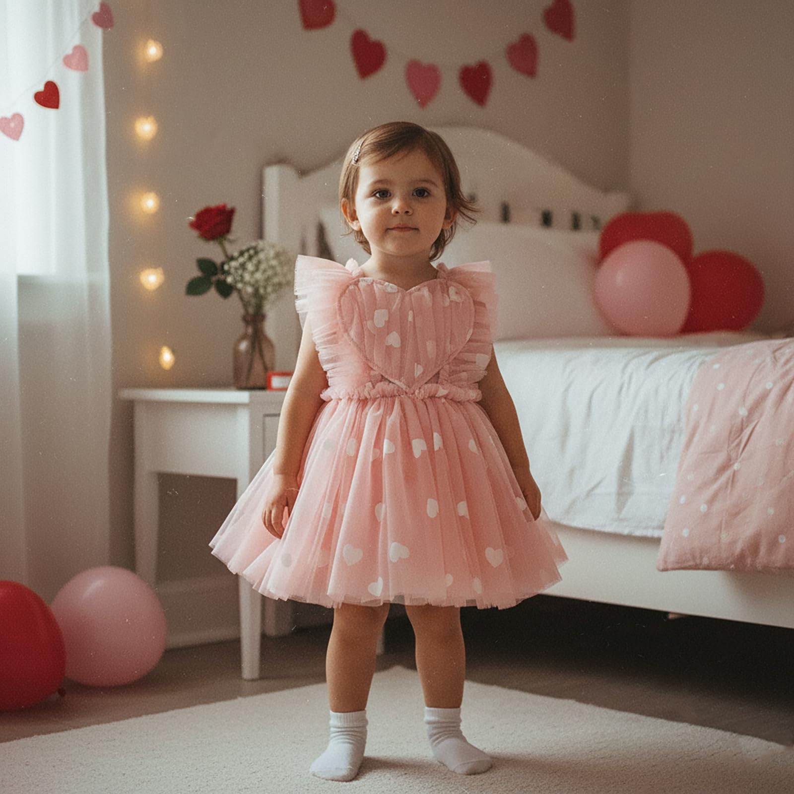GXNRHG Baby Girl Valentines Tutu Sukienka Śliczny nadruk w kształcie serca Pończoch Suknie liniowe Letnia księżniczka Urodziny Party Wzburzona sukienka letnia