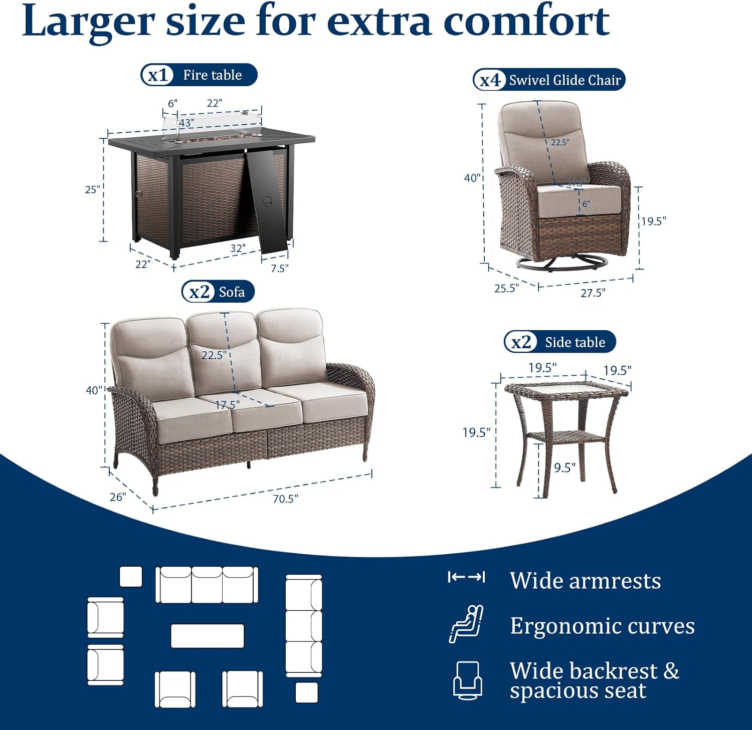 Outdoor Swivel Rocking Chair Patio Set (9pcs) High-Back - Thick Cushion Swivel Rocking Chair Patio with Fire Table Set, All-Weather Wicker Patio Furniture Set, Suitable for Balcony Patios, Brown/Beige