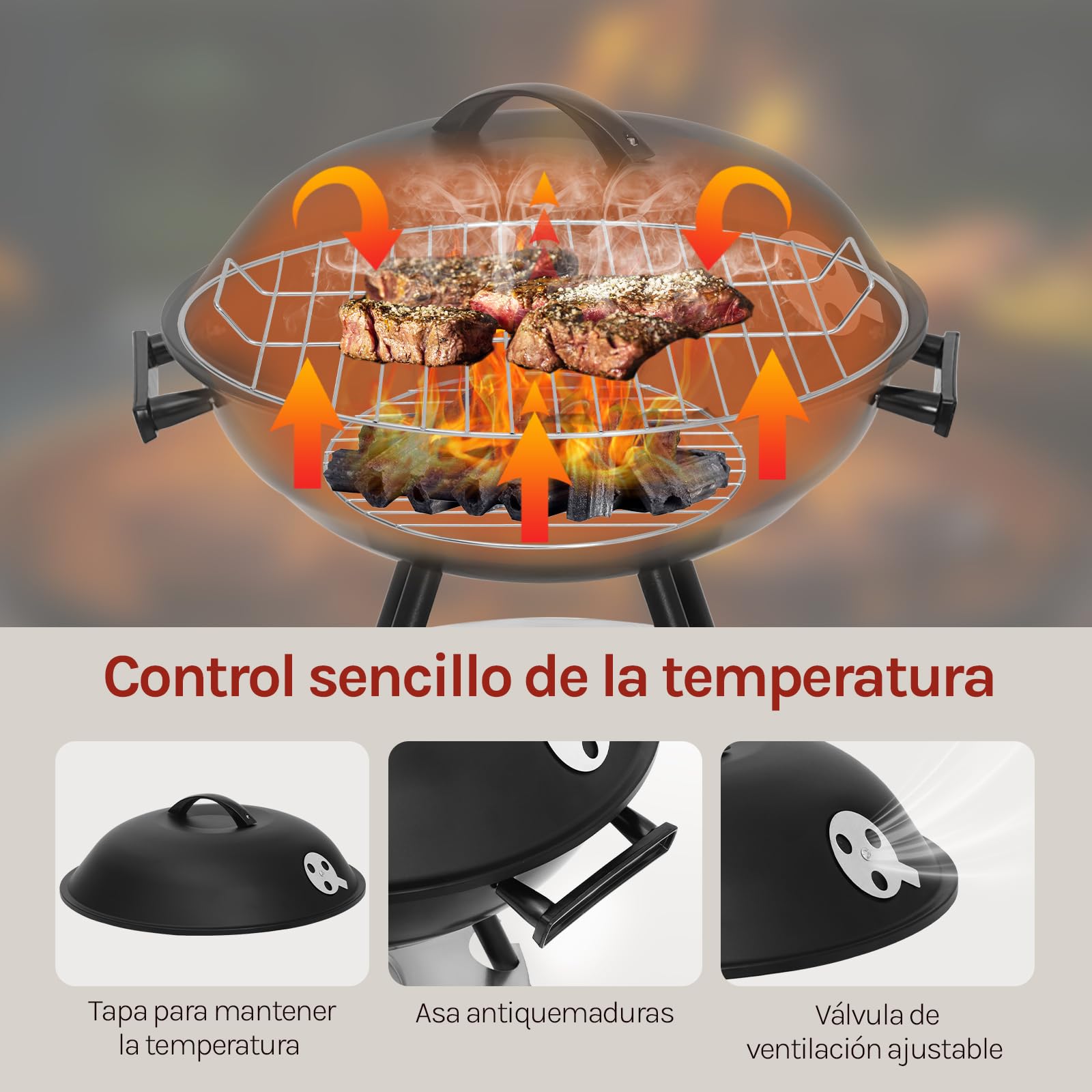 WOLTU Barbacoas de Carbón Portátil de Exterior con Parrilla y Ruedas para BBQ, Jardín, Camping 44 * 73 cm Negro