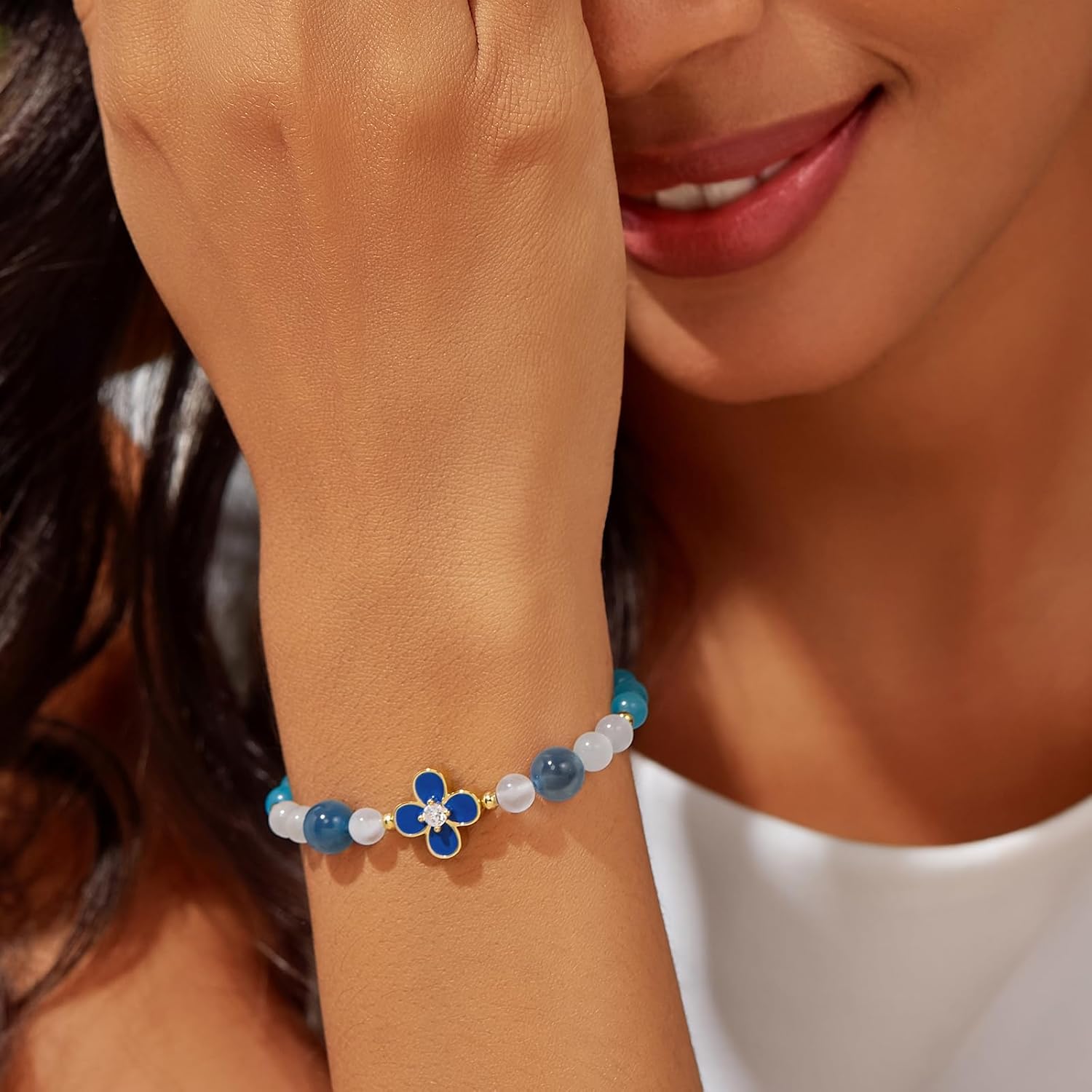 Cicy Bell 18K Gold Plated Bracelets for Women Lucky Four Leaf Clover Dainty Cubic Zirconia Charm Colorful Beads Adjustable Bracelet Trendy Friendship Jewelry Accessories - Image 3