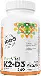 PlantVital High-Potency Vegan Vitamin D3 + K2 -Made in Canada - (1000IU /25 mcg + 120 mcg) for Bones, Teeth and Immune System - Patented MK7 Form - K2 D3 vitamin - 4 Months Supply - 120 Capsules.