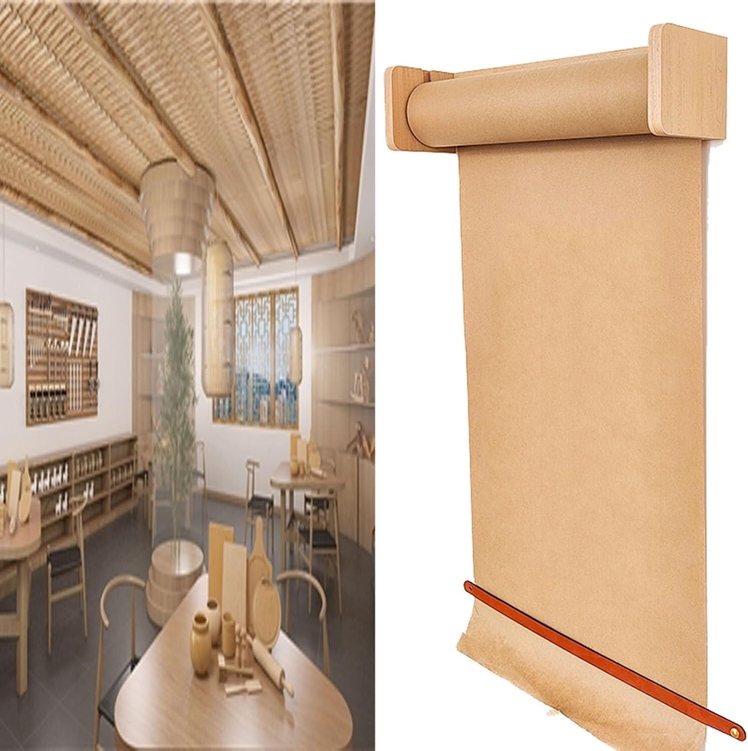 Drewniany uchwyt na rolki papieru pakowego z mechanizmem tnącym, idealny do kuchni, majsterkowania, biura, biura lub pokoju dziecięcego, łatwy do zawieszenia, np. szeroki, 70 cm