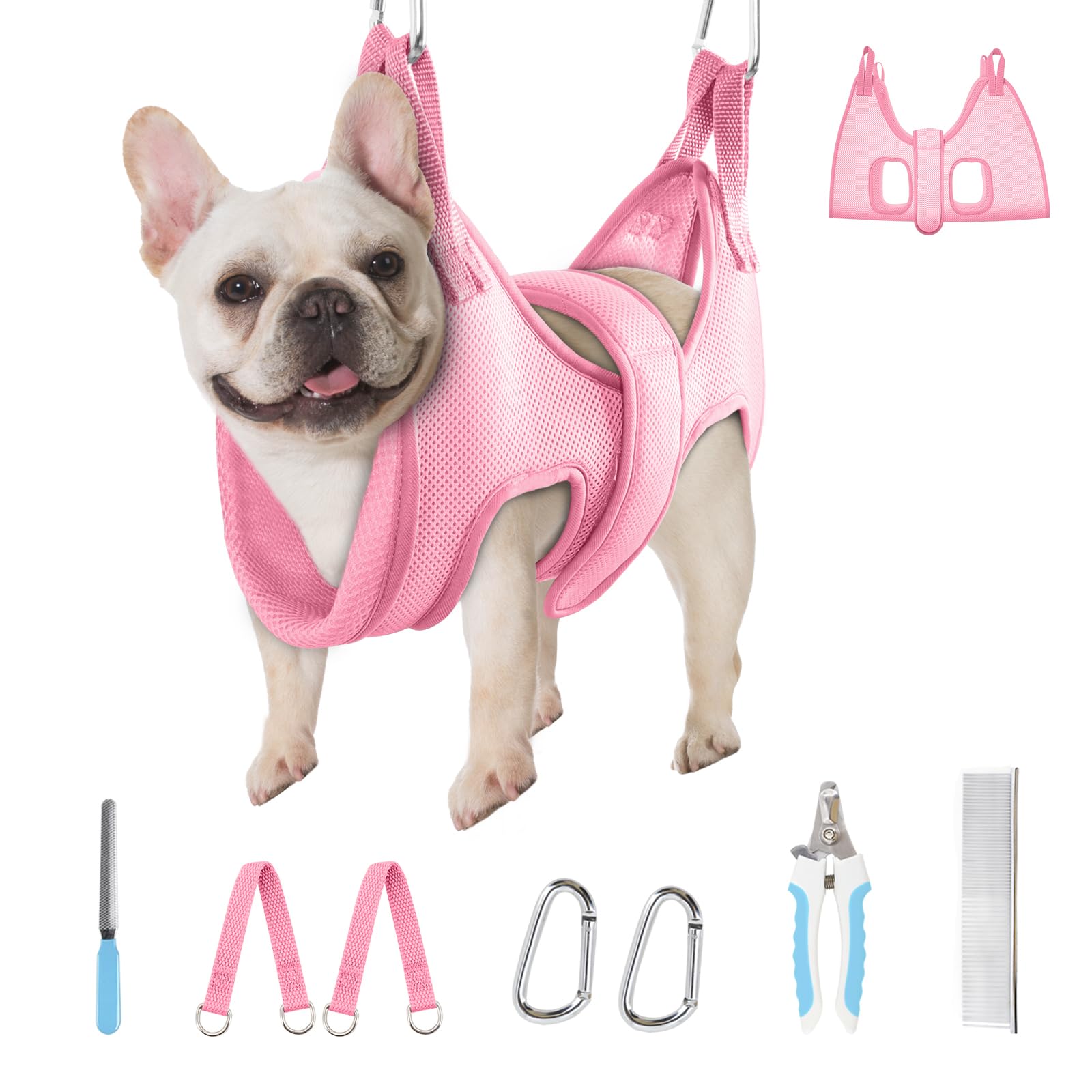 Supet Dog Grooming Hammock, New Pink Small Dog Sling for Nail Trimming, Back Protect Hanging Harness for Claw Care, Nail T...