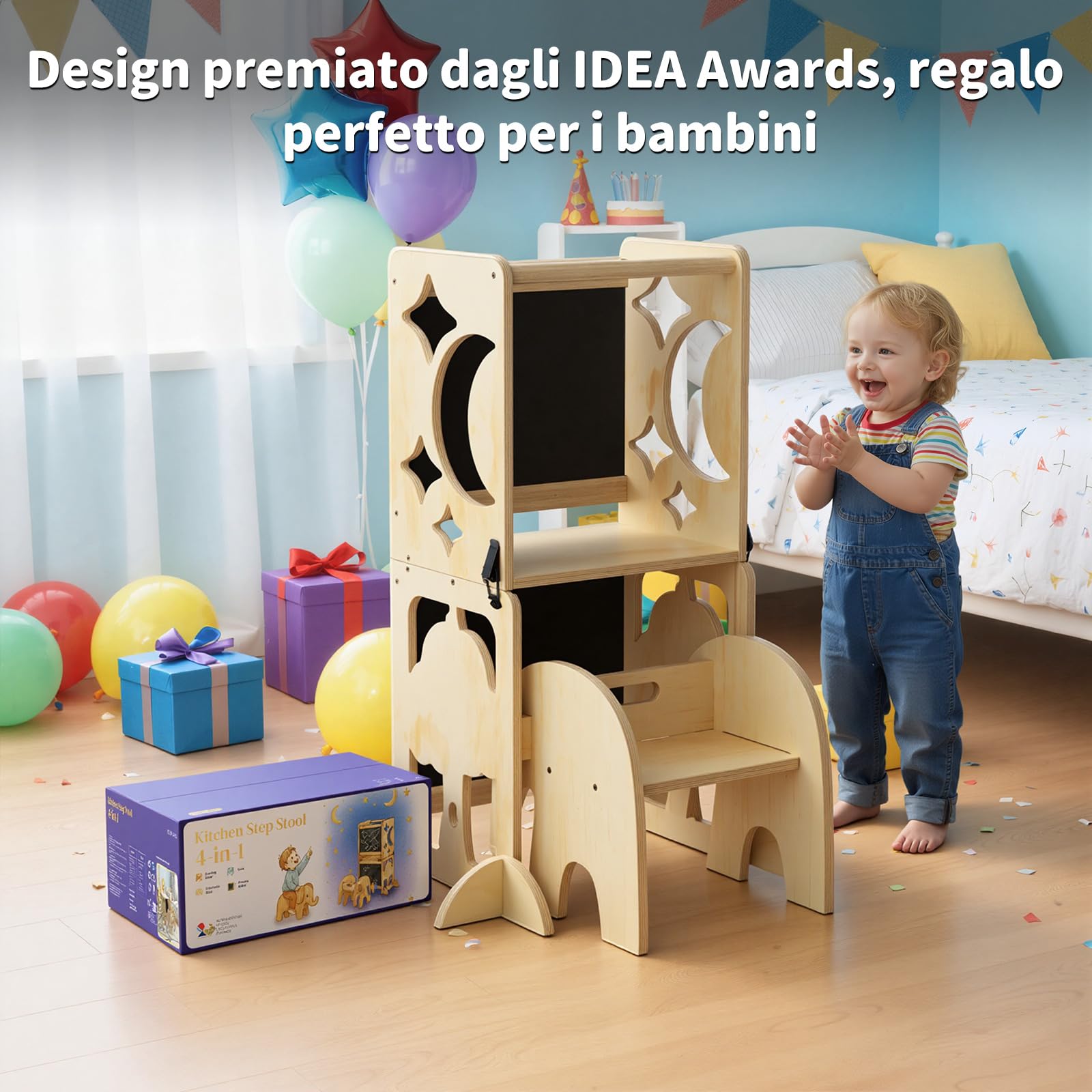 COSYLAND Torre Montessoriana Bambini 4 in 1 - Torretta Montessoriana con Scrivania e Sedia in Legno Naturale