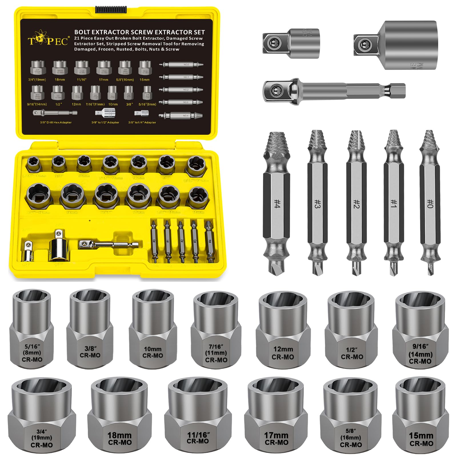 Topec 21 PCS Bolt Extractor Kit, 3/8" Drive Bolt & Nut Remover Socket Set, HSS 4341 Small Screw Extractor Set, 2-in-1 Removal Tool for Stripped,