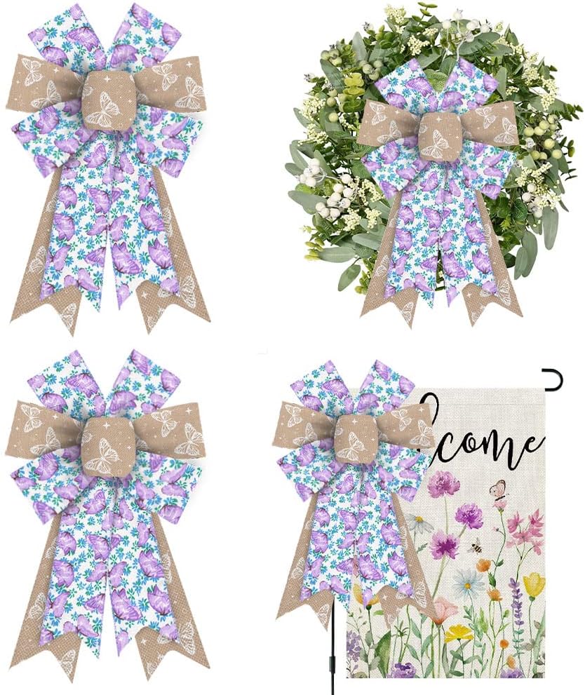 ALIBBON 2Pcs Spring Bows for Wreaths, Spring Wreath Bows, Lavender Purple Butterfly Bows for Crafts, Spring Decor, Spring Flower Flaxen Burlap Bows for Wreath Indoor Outdoor Window Decorations