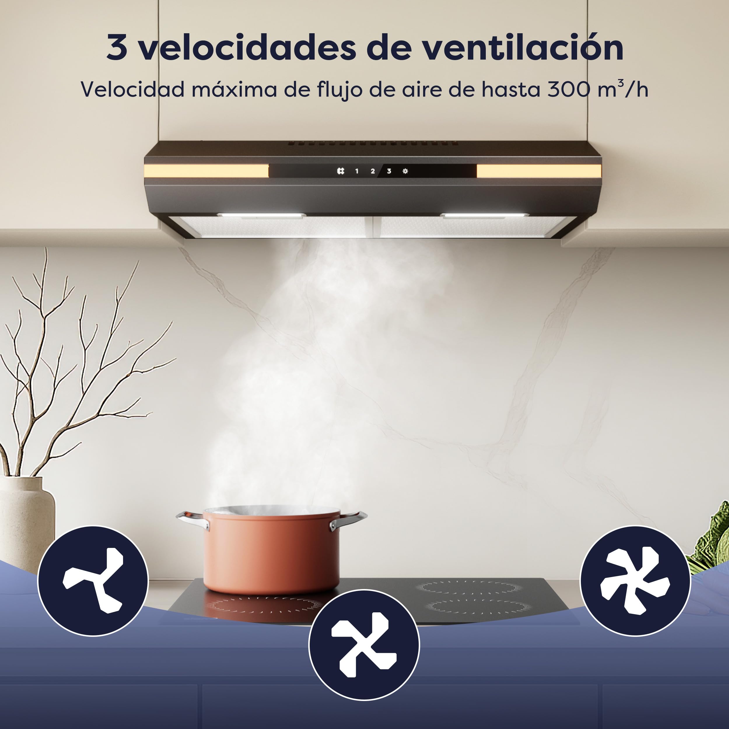 CIARRA CBCB6921 Campana Extractora 60 cm Clase A+ Luz Ambiental Adicional | Pantalla táctil Cocina Extractora Integrada 3 Niveles 300m³/h con Filtro de Carbón CBCF011 Negra