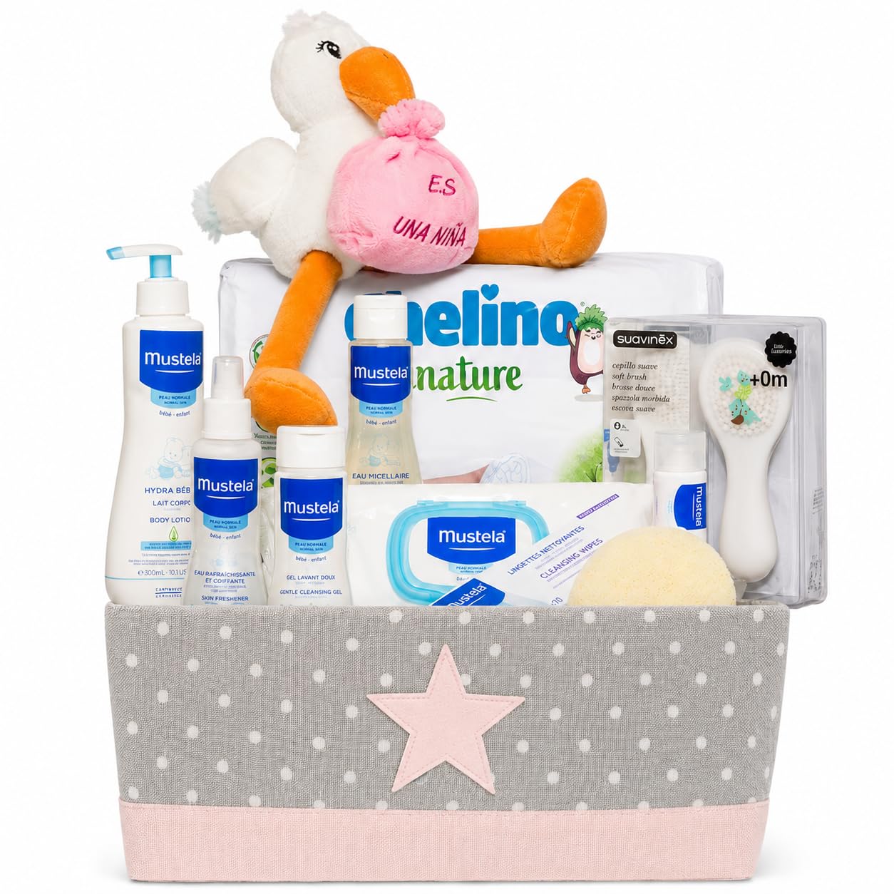 Cesto bambino Supreme (Rosa) regalo Con: scatola multiuso, peluche cicogna rosa, salviettine, gel, colonia, spugna, shampoo, spazzola e pettine, idratante, pannolini.